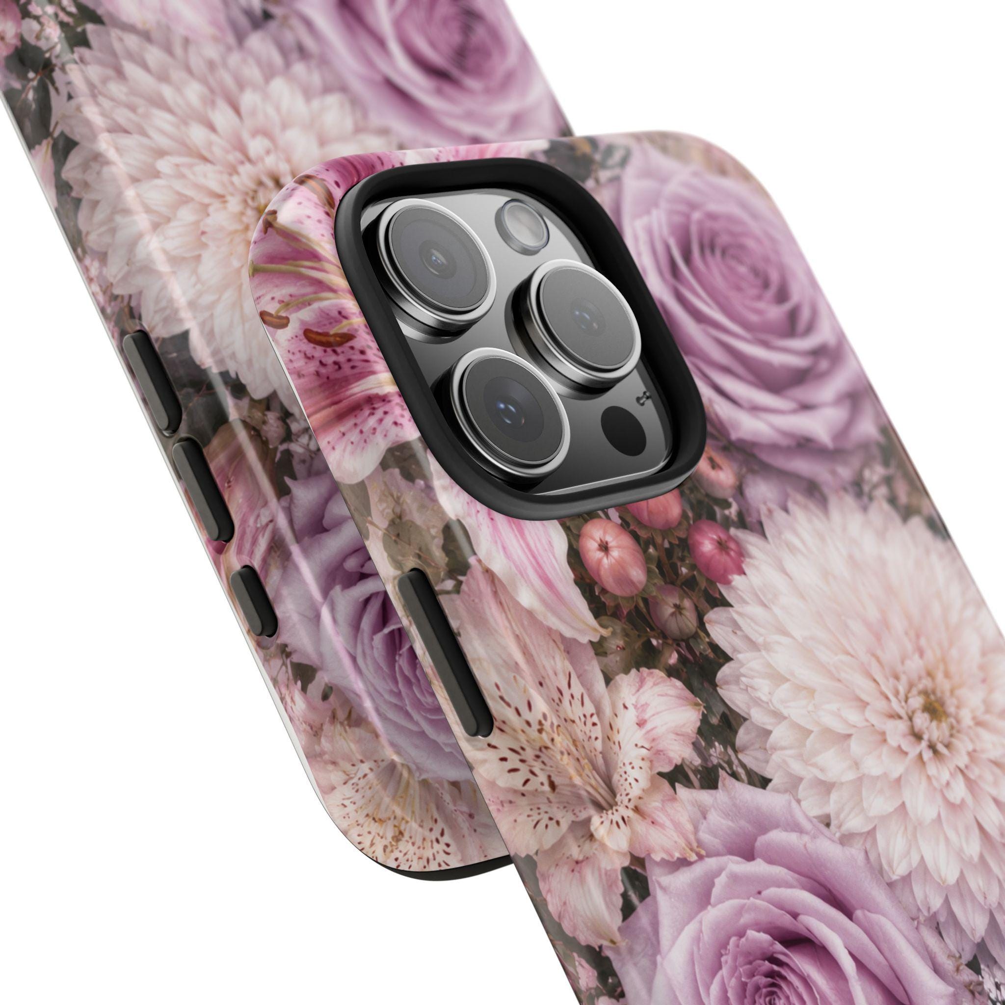 Floral Tough Phone Case — Pink Rose & Dahlia Protective Phone Cover, product view 3