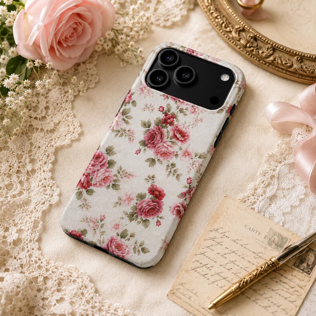 Lisa'sDress Vintage Pink Rose Garden Tough Protection Phone Case, product view 3