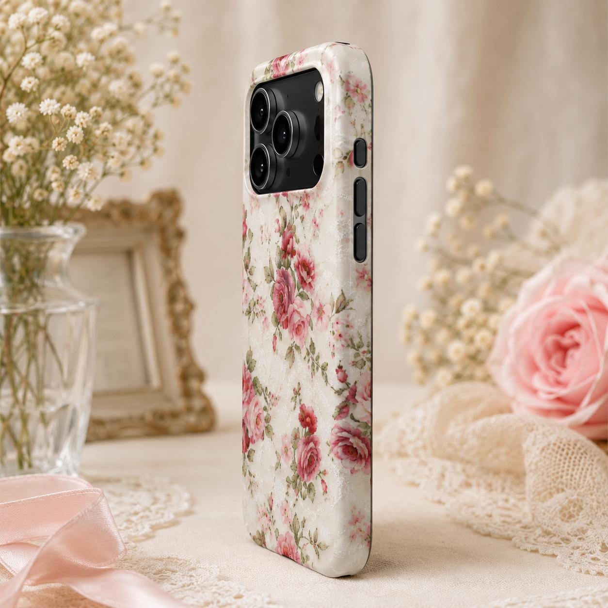 Lisa'sDress Vintage Pink Rose Garden Tough Protection Phone Case, product view 4