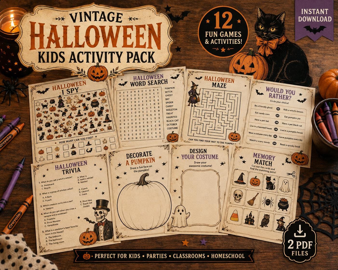 Vintage Halloween Kids Activity Pack | Printable Halloween Games | Instant Download