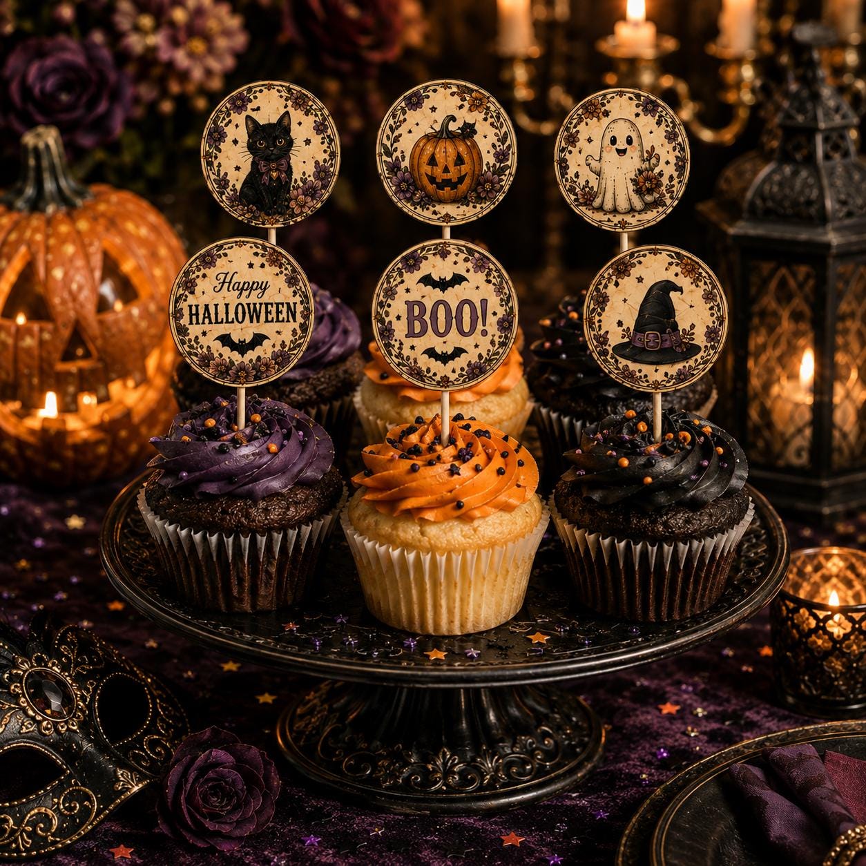 Vintage Halloween Printable Bundle, Masquerade Party Kit, Invitation, Bingo, Signs, Favor Tags & Cupcake Toppers, product view 6