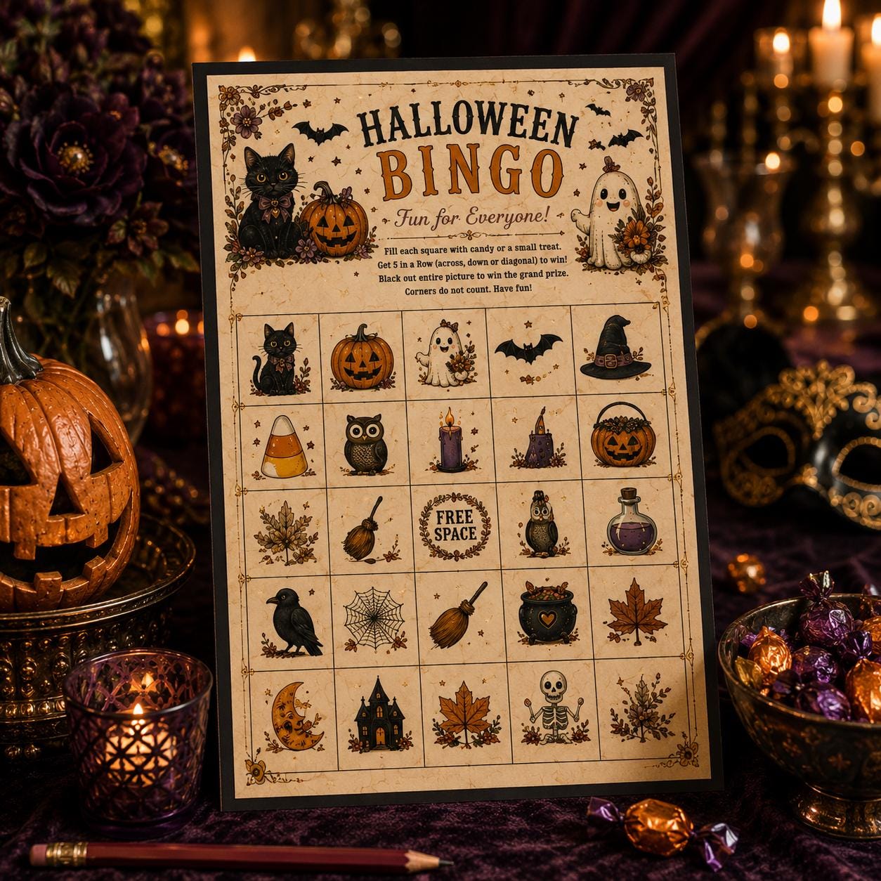 Vintage Halloween Printable Bundle, Masquerade Party Kit, Invitation, Bingo, Signs, Favor Tags & Cupcake Toppers, product view 7