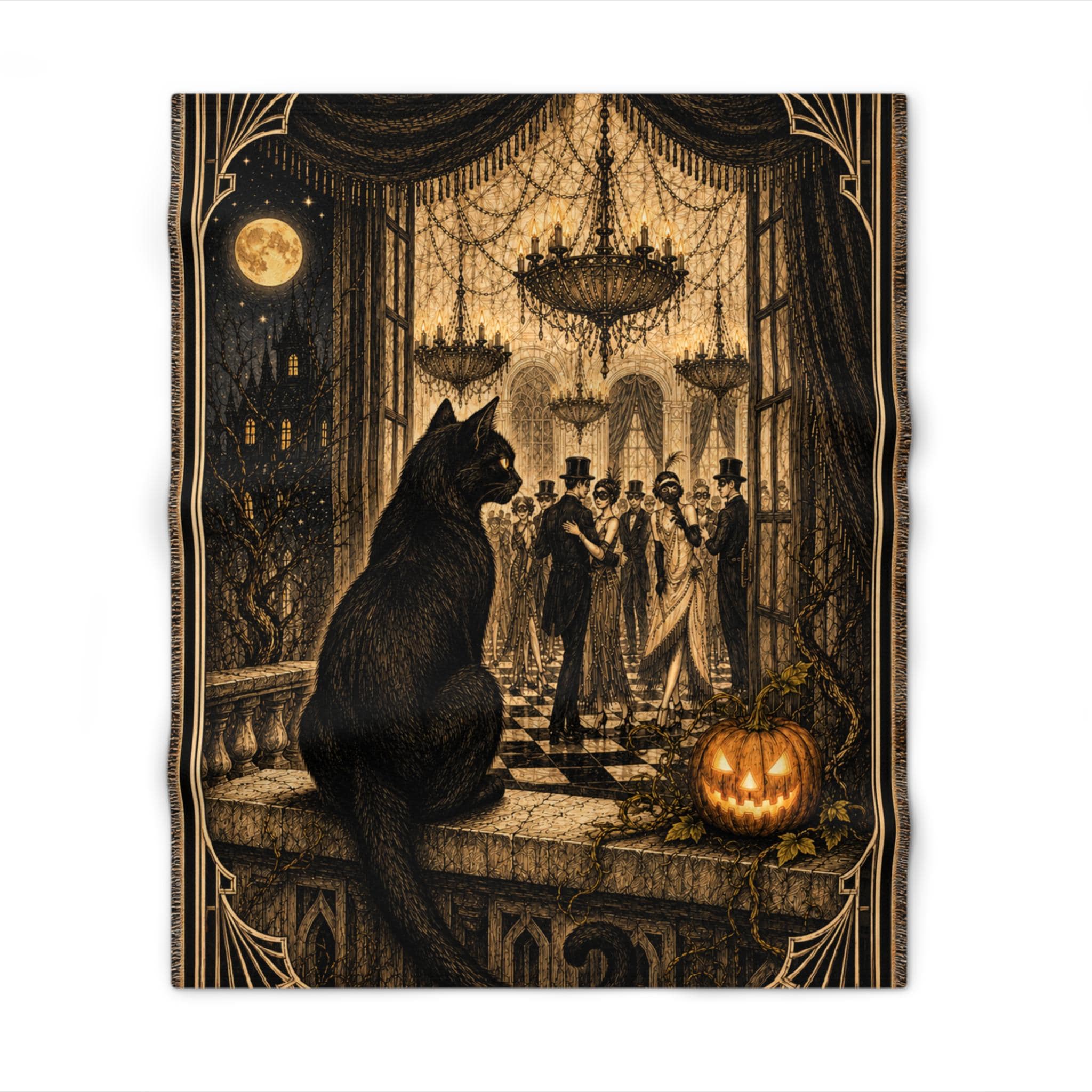 Gothic Halloween Throw Blanket — Black Cat, Pumpkin & Masquerade Ball Scene