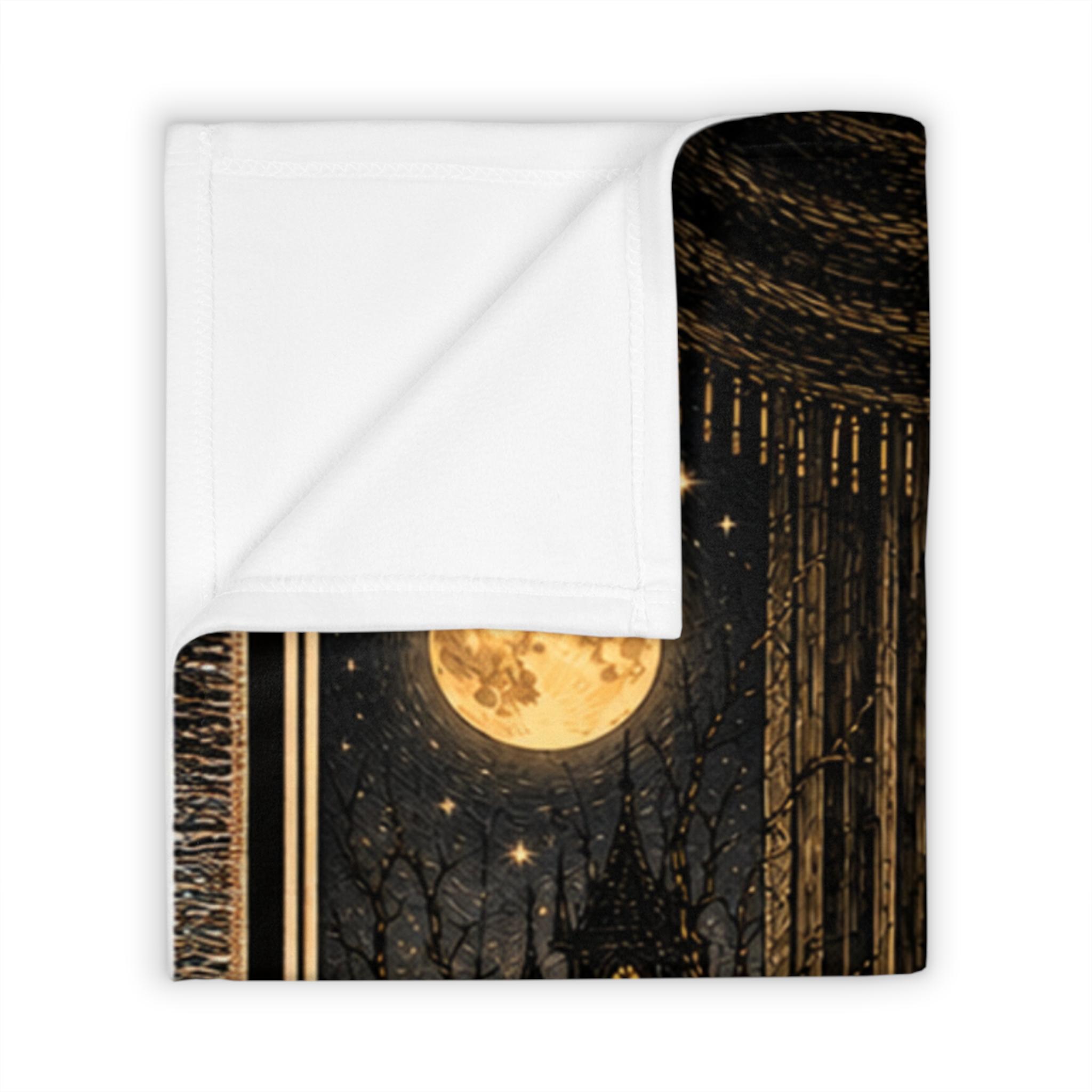 Gothic Halloween Throw Blanket — Black Cat, Pumpkin & Masquerade Ball Scene, product view 3