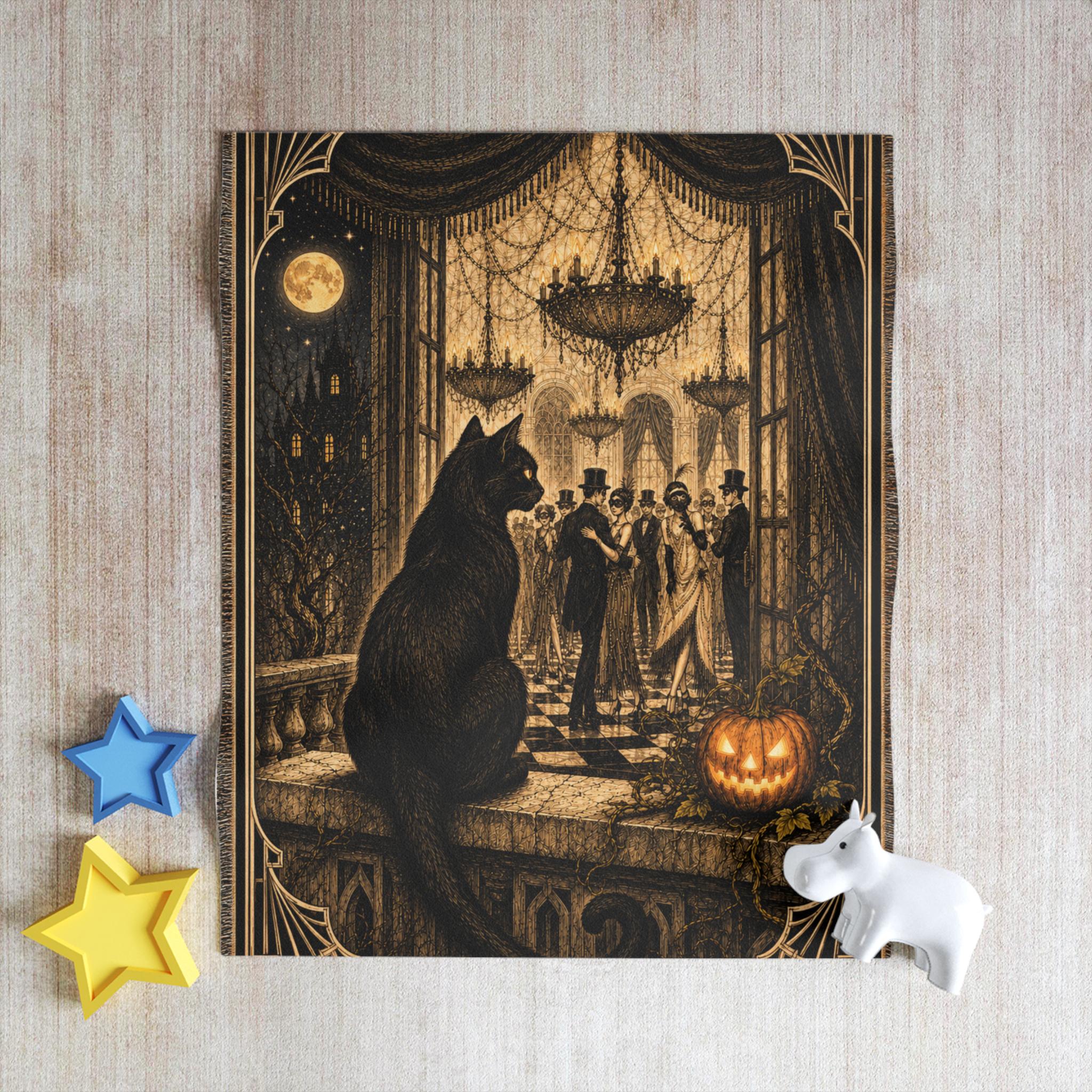 Gothic Halloween Throw Blanket — Black Cat, Pumpkin & Masquerade Ball Scene, product view 4