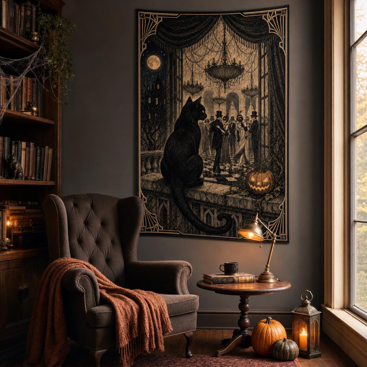 Woven Wall Tapestry Gothic Cat Window Scene Halloween Home Decor