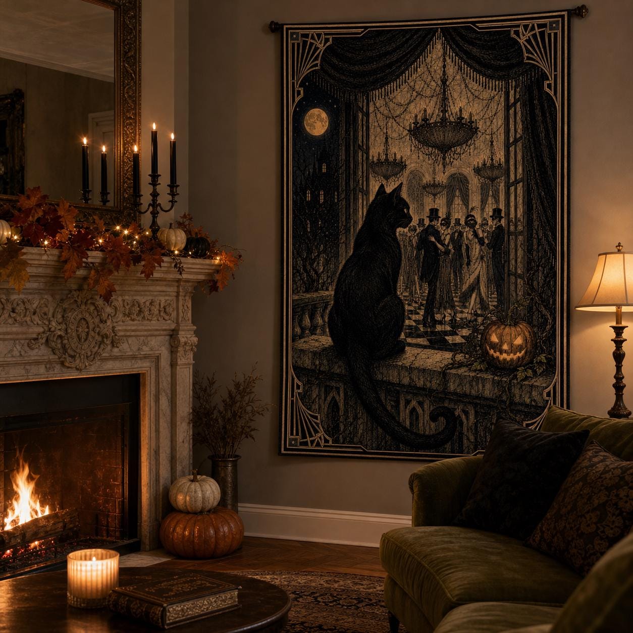 Woven Wall Tapestry Gothic Cat Window Scene Halloween Home Decor, product view 2