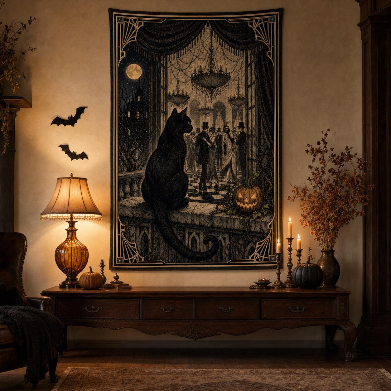 Woven Wall Tapestry Gothic Cat Window Scene Halloween Home Decor, product view 3