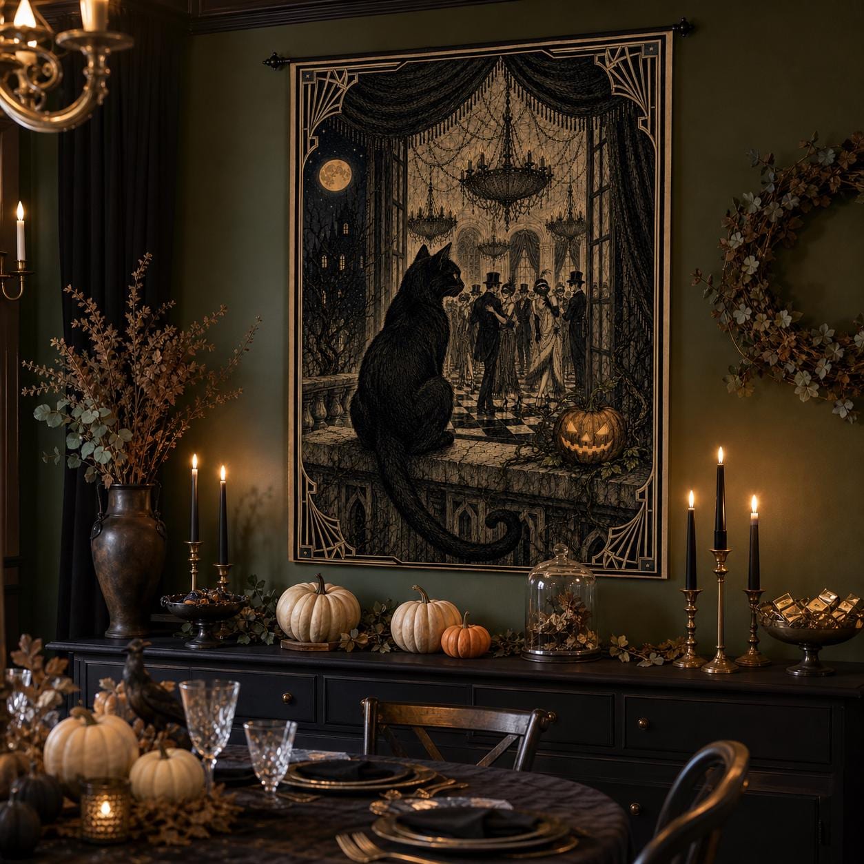 Woven Wall Tapestry Gothic Cat Window Scene Halloween Home Decor, product view 4