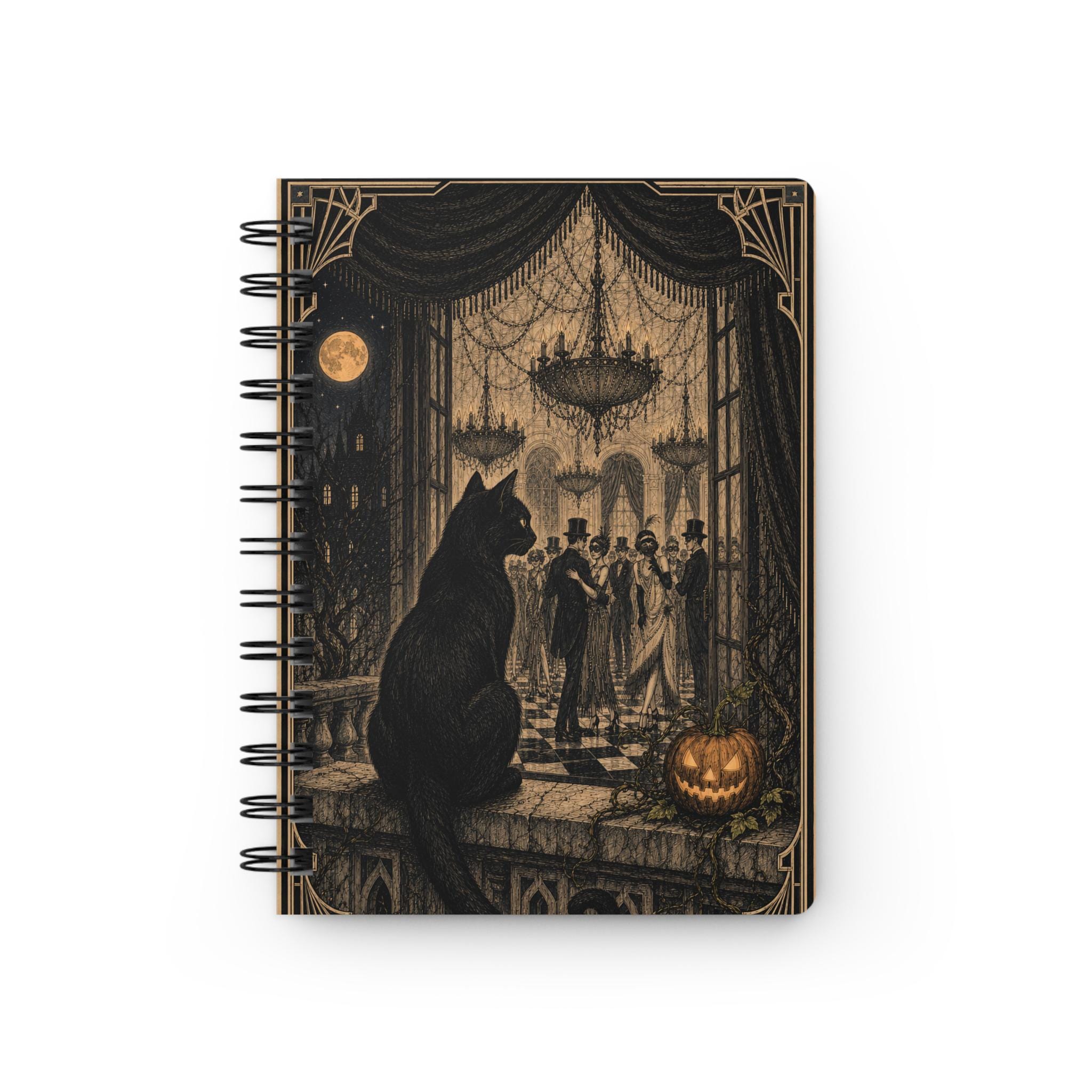 Gothic Masquerade Spiral Journal — Vintage Ballroom Cat & Pumpkin Notebook