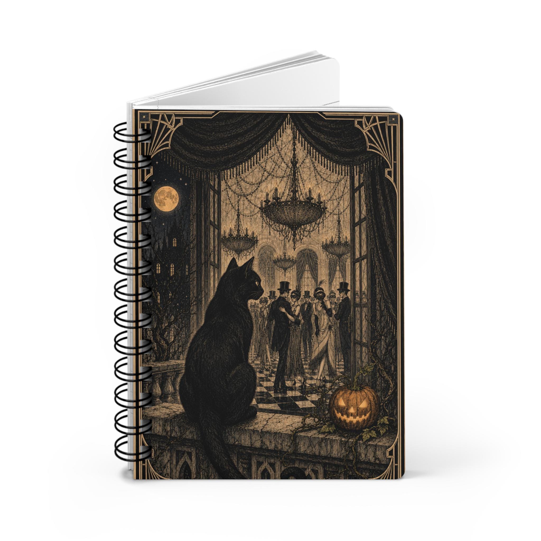 Gothic Masquerade Spiral Journal — Vintage Ballroom Cat & Pumpkin Notebook, product view 3