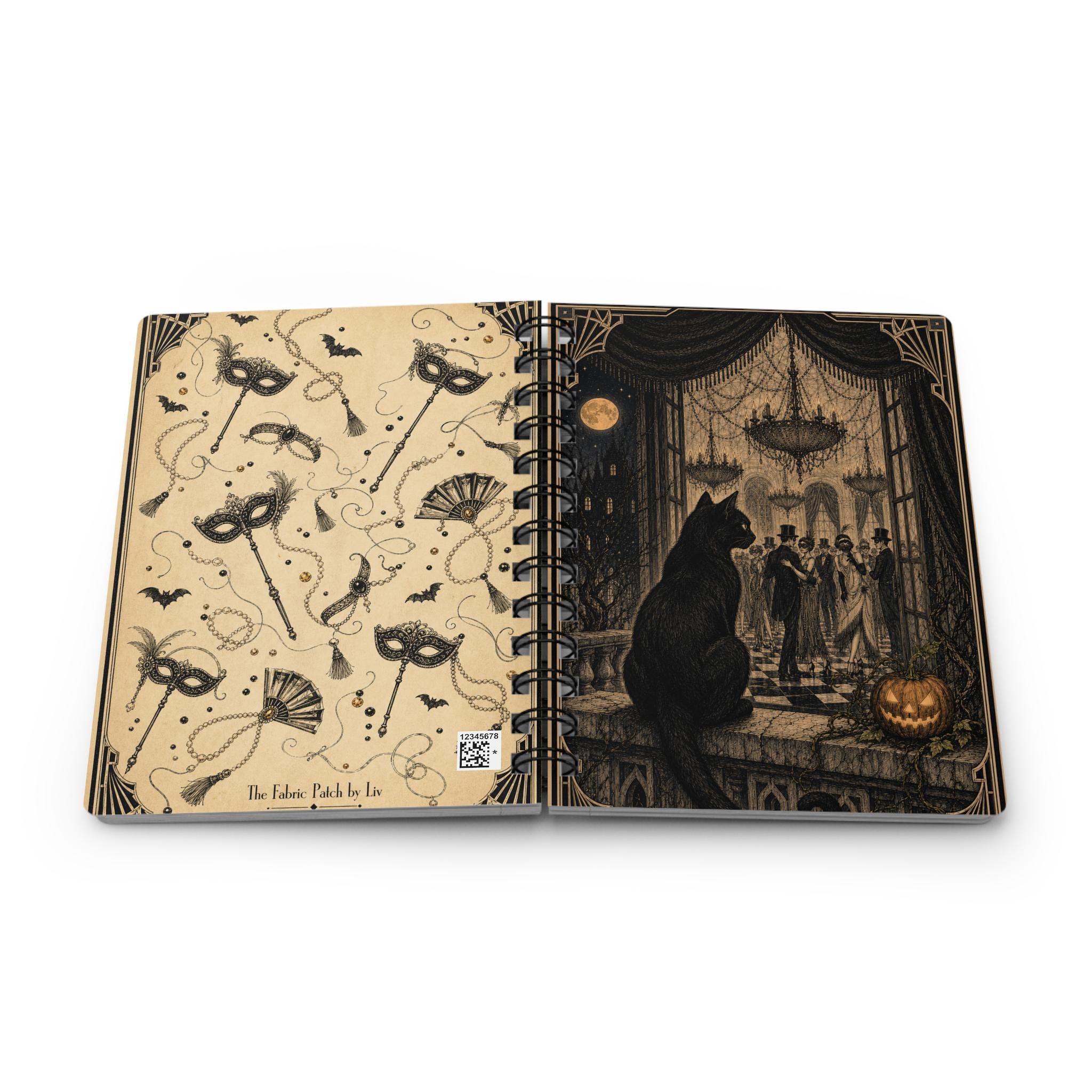 Gothic Masquerade Spiral Journal — Vintage Ballroom Cat & Pumpkin Notebook, product view 4