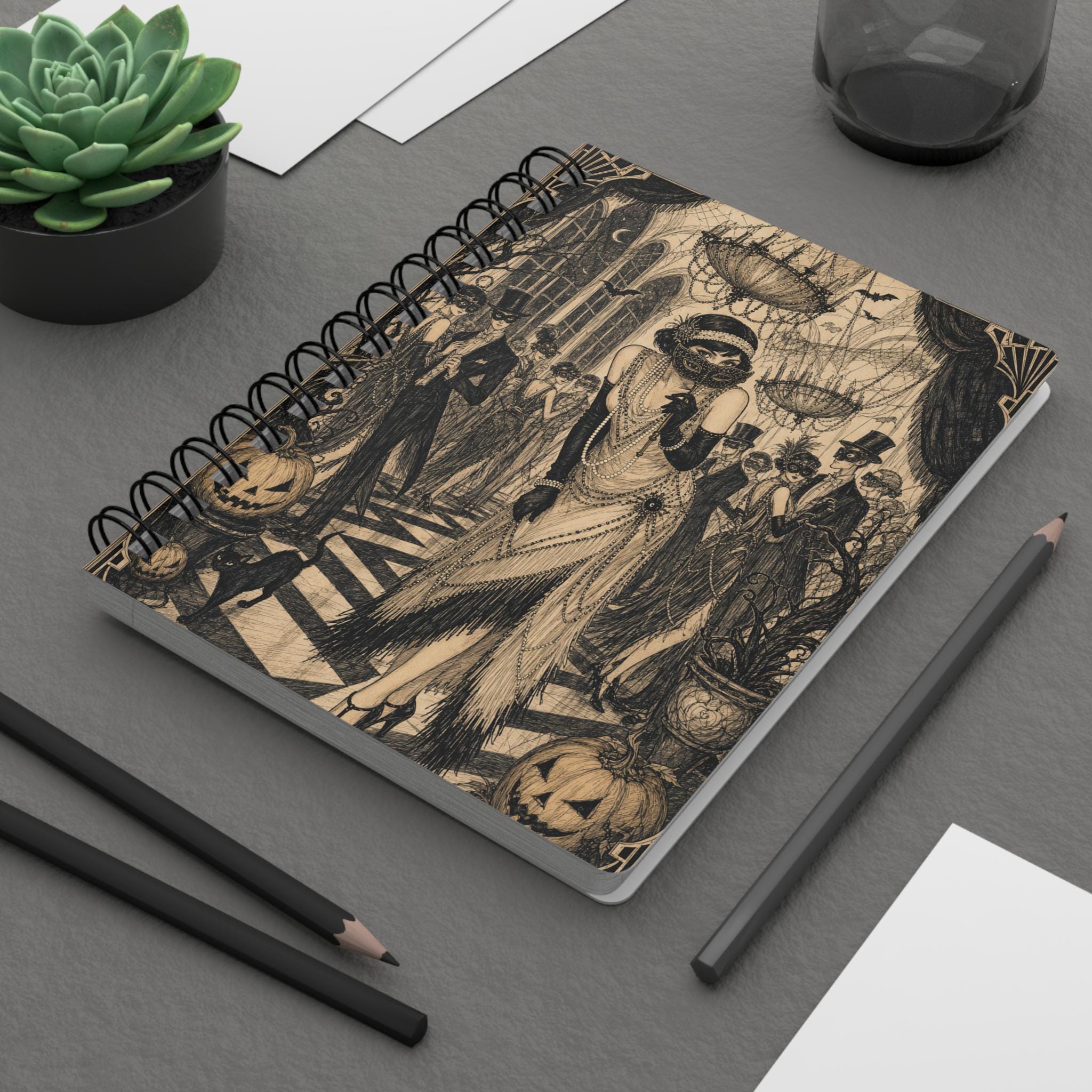 Vintage Masquerade Halloween Spiral Journal — Gothic Pumpkin Ball Notebook, product view 3