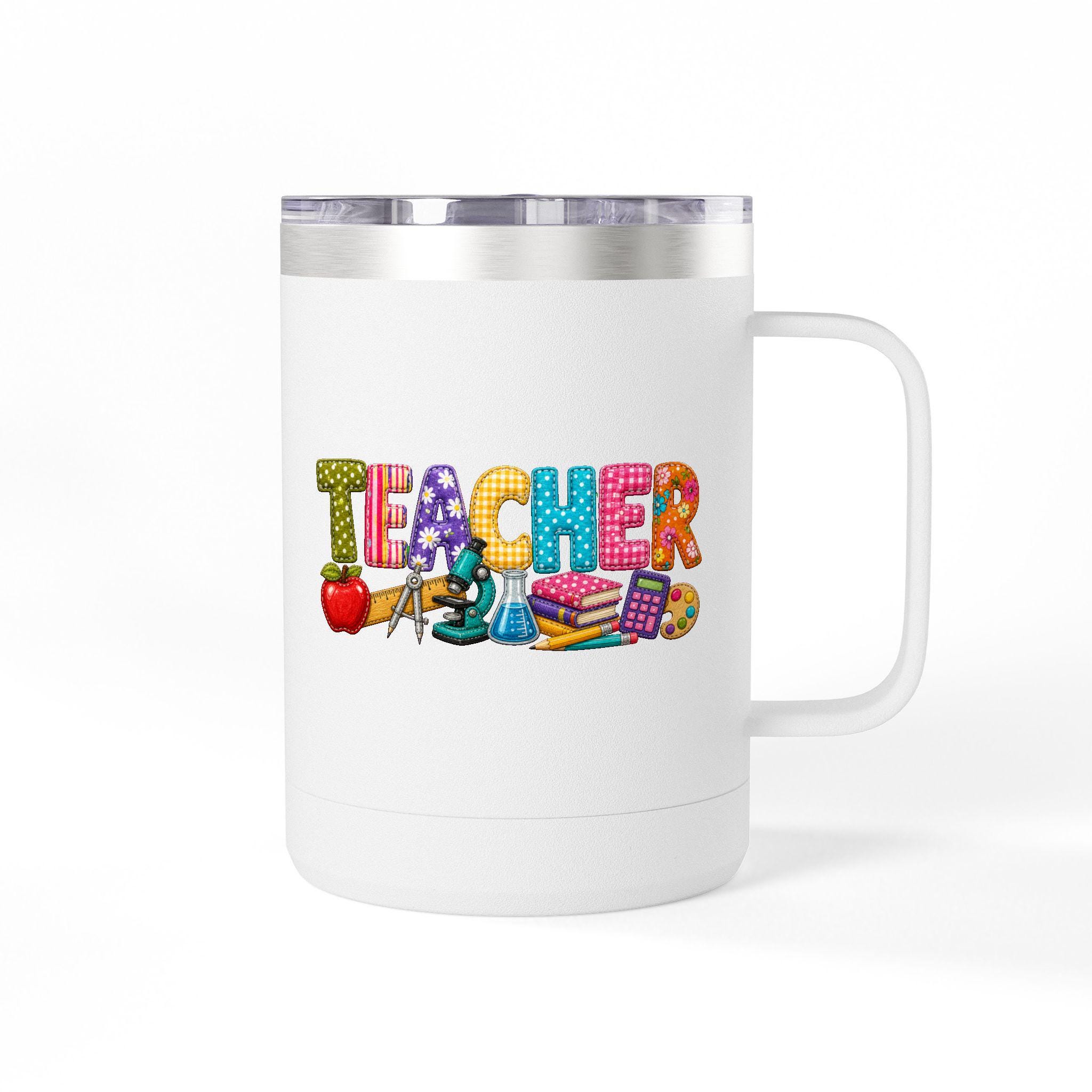 Teacher 15oz Insulated Coffee Mug Tumbler — Colorful Balloon-Style "TEACHER" Design, Gift for Educators