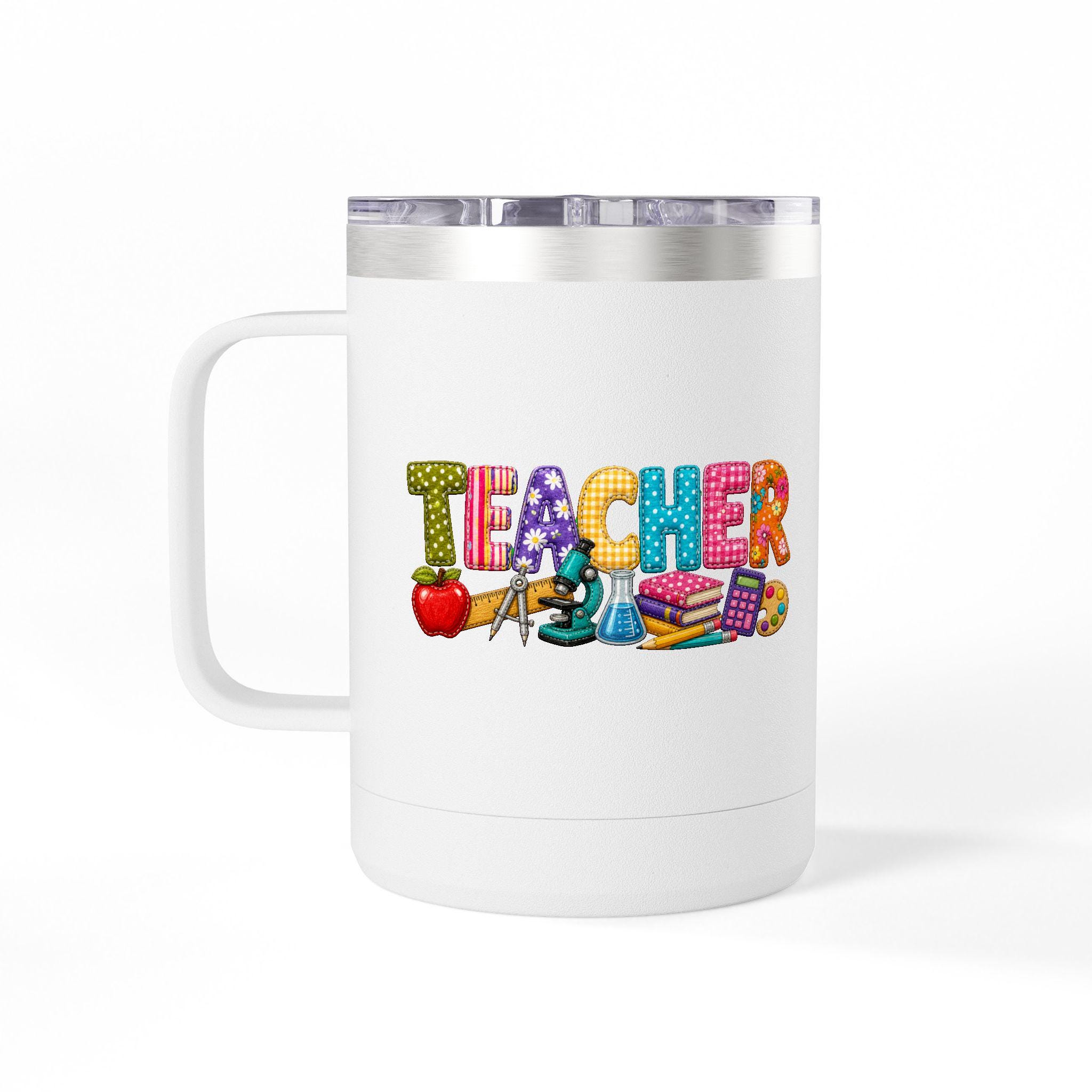 Teacher 15oz Insulated Coffee Mug Tumbler — Colorful Balloon-Style "TEACHER" Design, Gift for Educators, product view 2