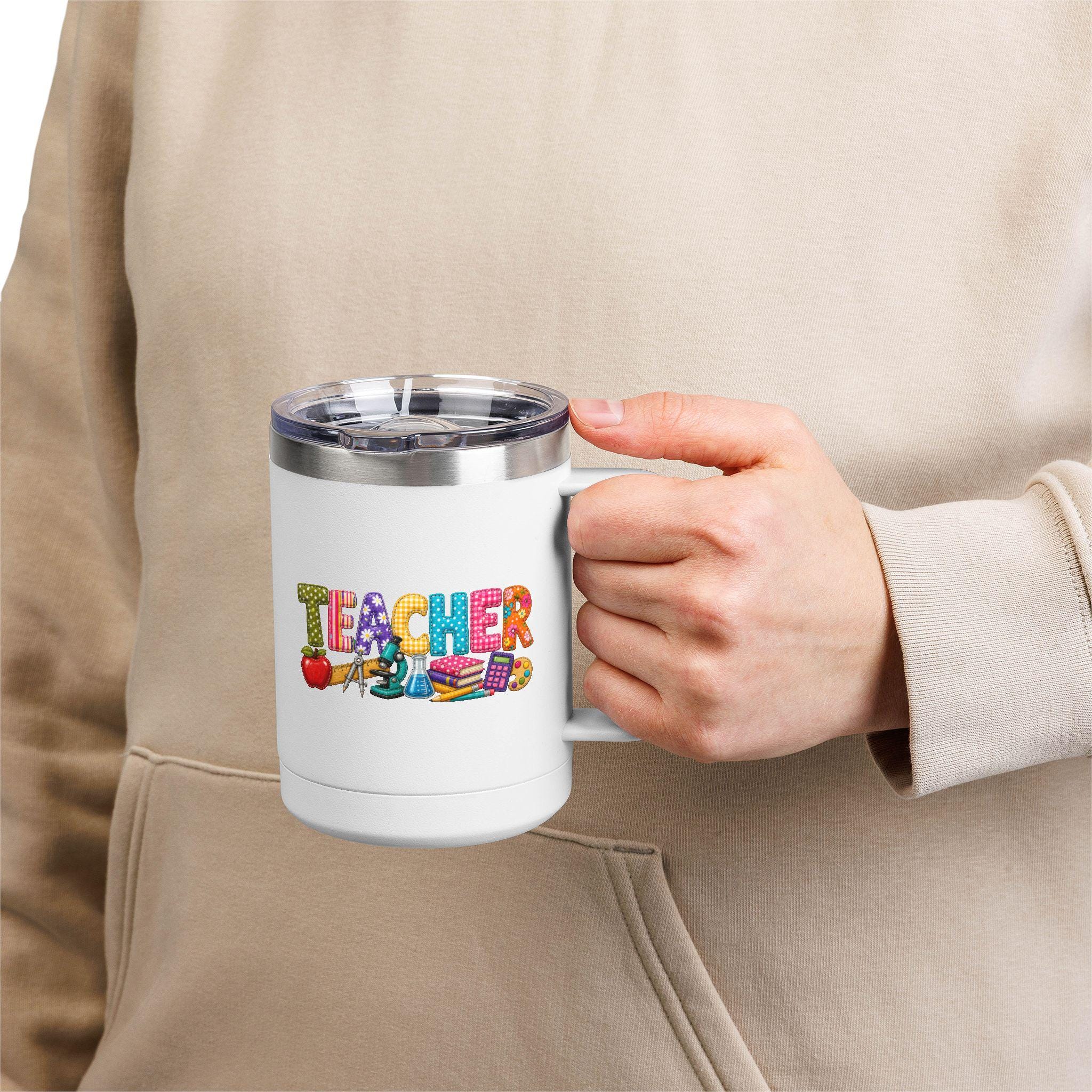 Teacher 15oz Insulated Coffee Mug Tumbler — Colorful Balloon-Style "TEACHER" Design, Gift for Educators, product view 5
