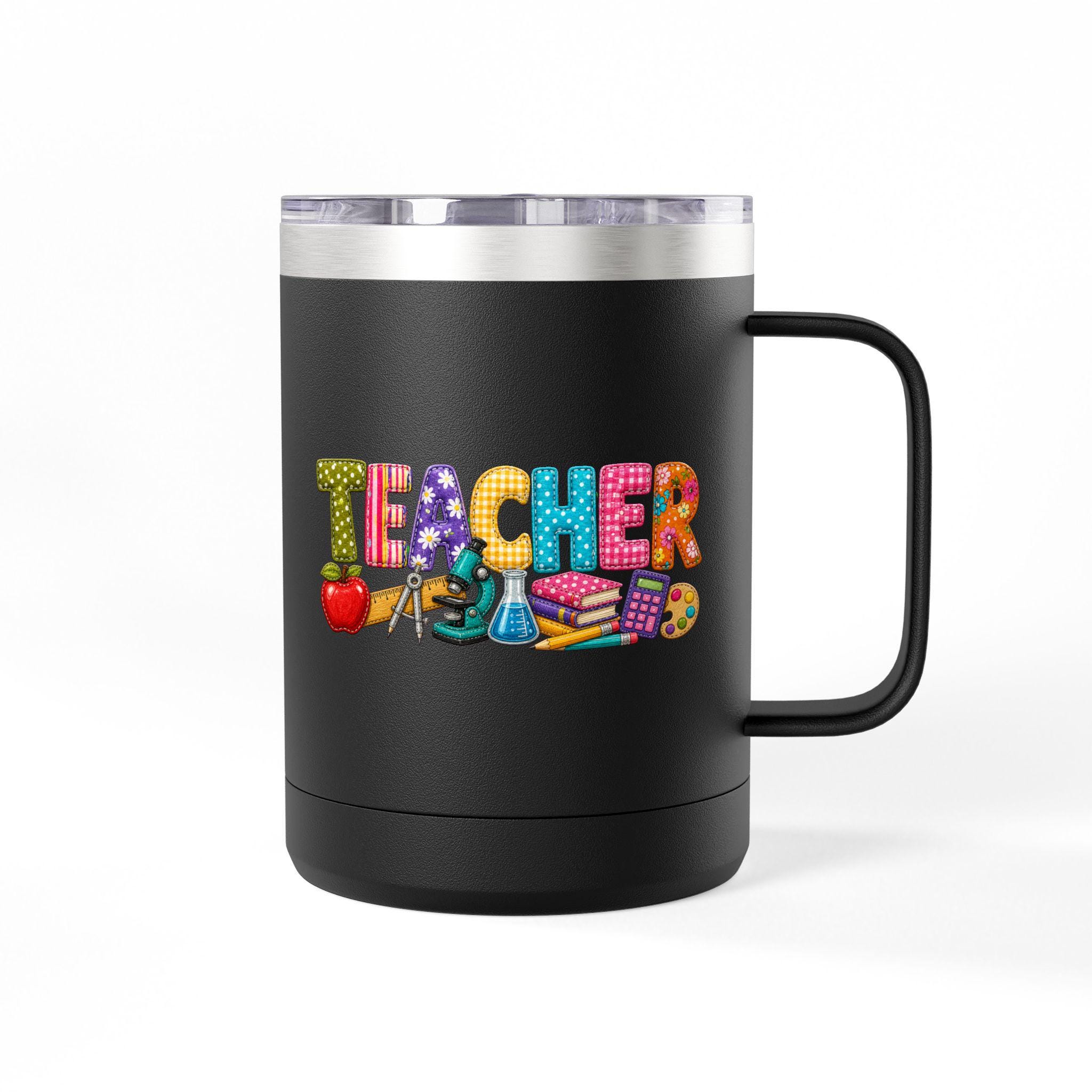 Teacher 15oz Insulated Coffee Mug Tumbler — Colorful Balloon-Style "TEACHER" Design, Gift for Educators, product view 6