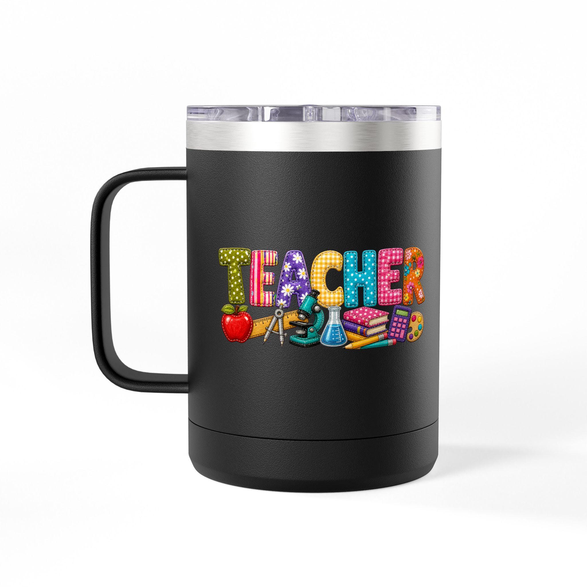 Teacher 15oz Insulated Coffee Mug Tumbler — Colorful Balloon-Style "TEACHER" Design, Gift for Educators, product view 7