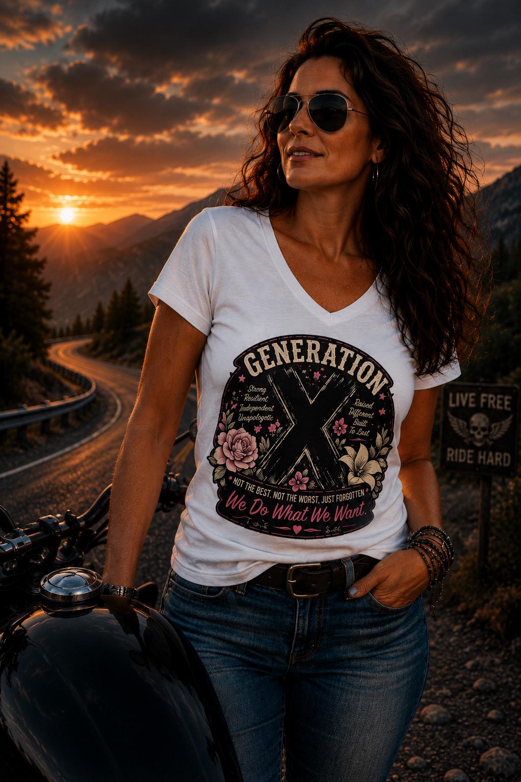 Generation X Floral V-Neck Tee We Do What We Want" Retro Graphic
