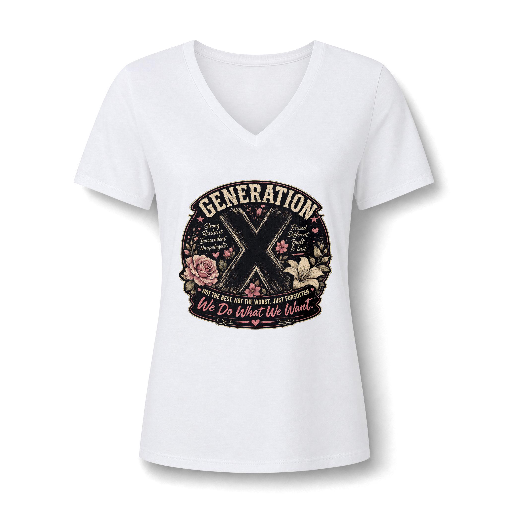 Generation X Floral V-Neck Tee We Do What We Want" Retro Graphic, product view 2