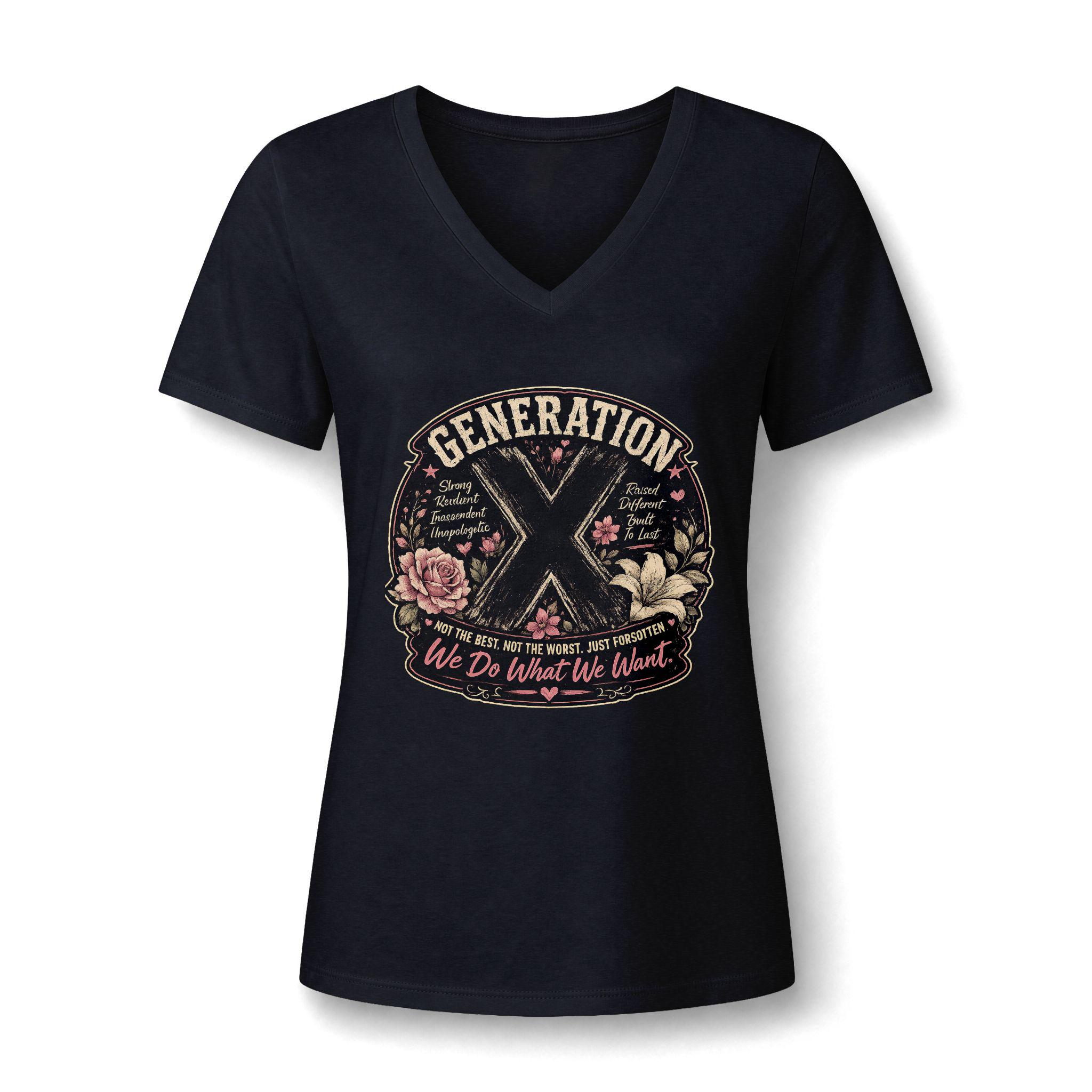 Generation X Floral V-Neck Tee We Do What We Want" Retro Graphic, product view 4