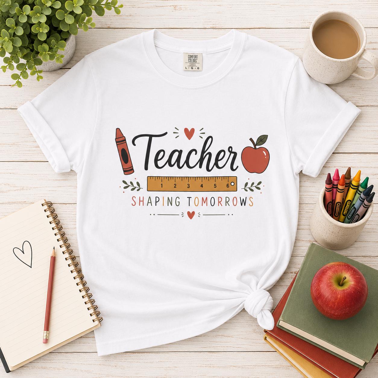 Teacher Shaping Tomorrows T-Shirt — Apple & Pencil School Staff Tee