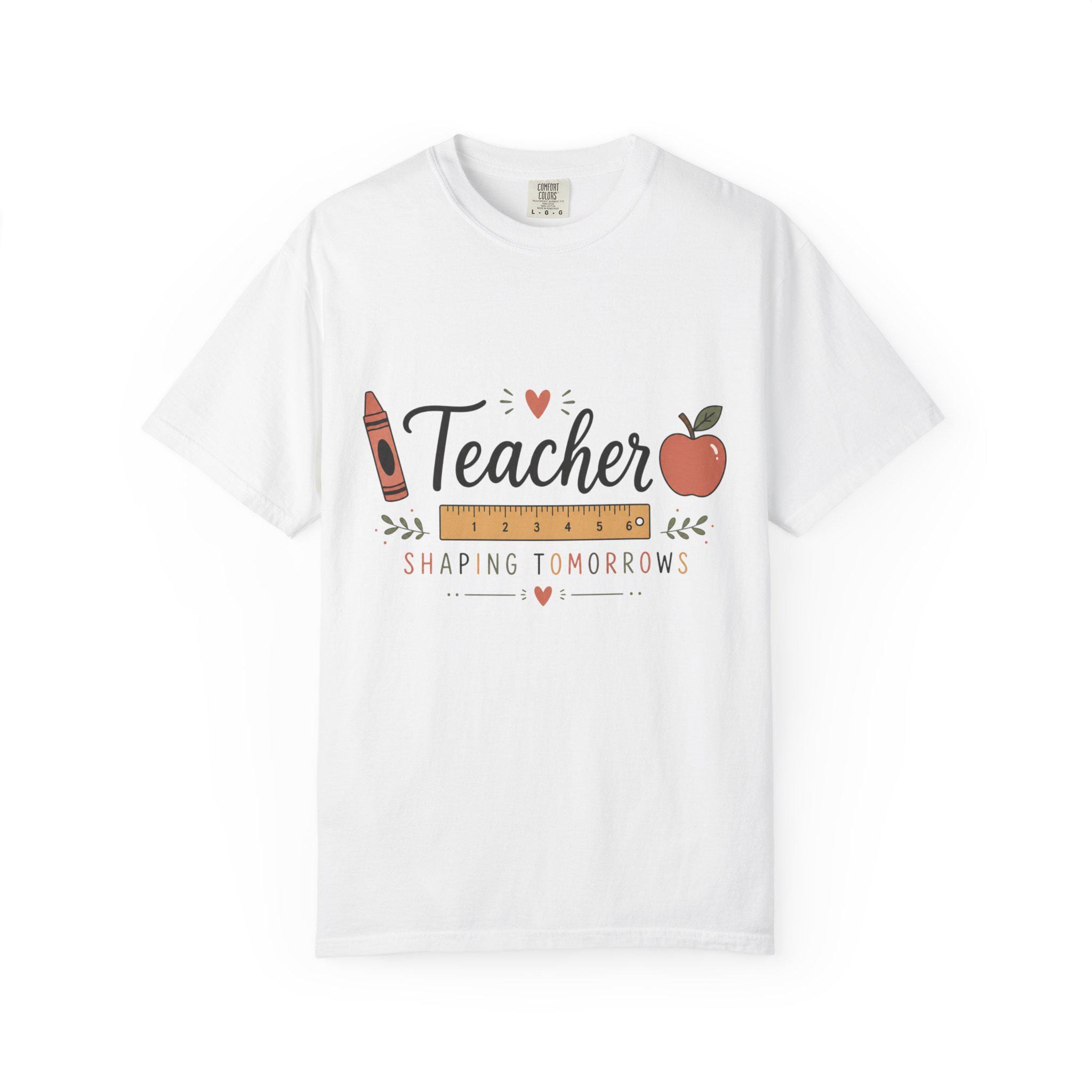 Teacher Shaping Tomorrows T-Shirt — Apple & Pencil School Staff Tee, product view 2