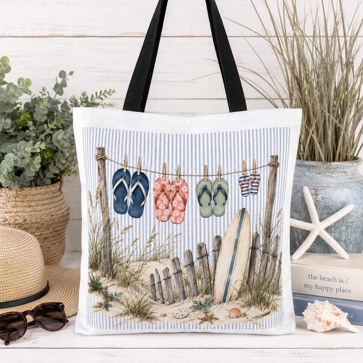 Beach Flip-Flop Tote Bag — Coastal Surfboard & Sand Dune Beach Scene