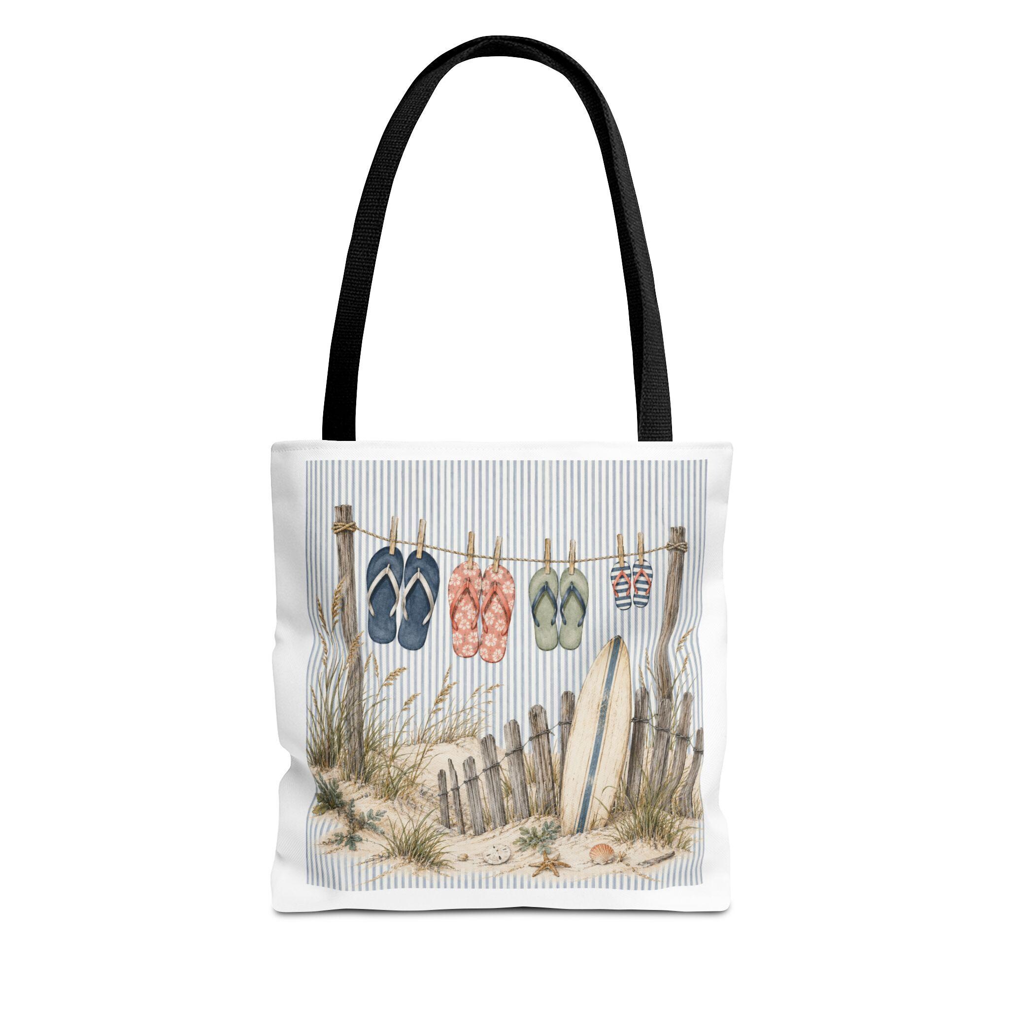 Beach Flip-Flop Tote Bag — Coastal Surfboard & Sand Dune Beach Scene, product view 2