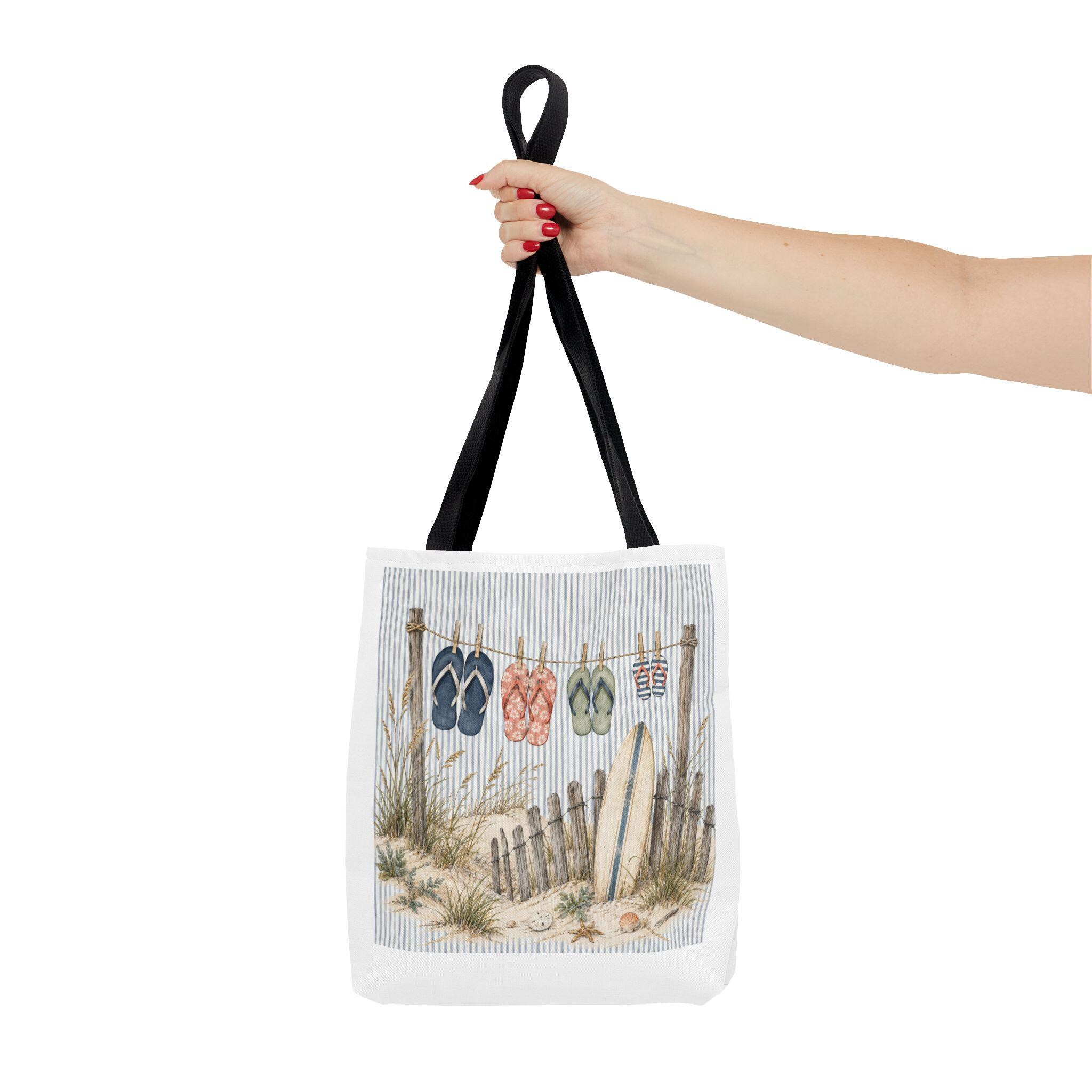 Beach Flip-Flop Tote Bag — Coastal Surfboard & Sand Dune Beach Scene, product view 3