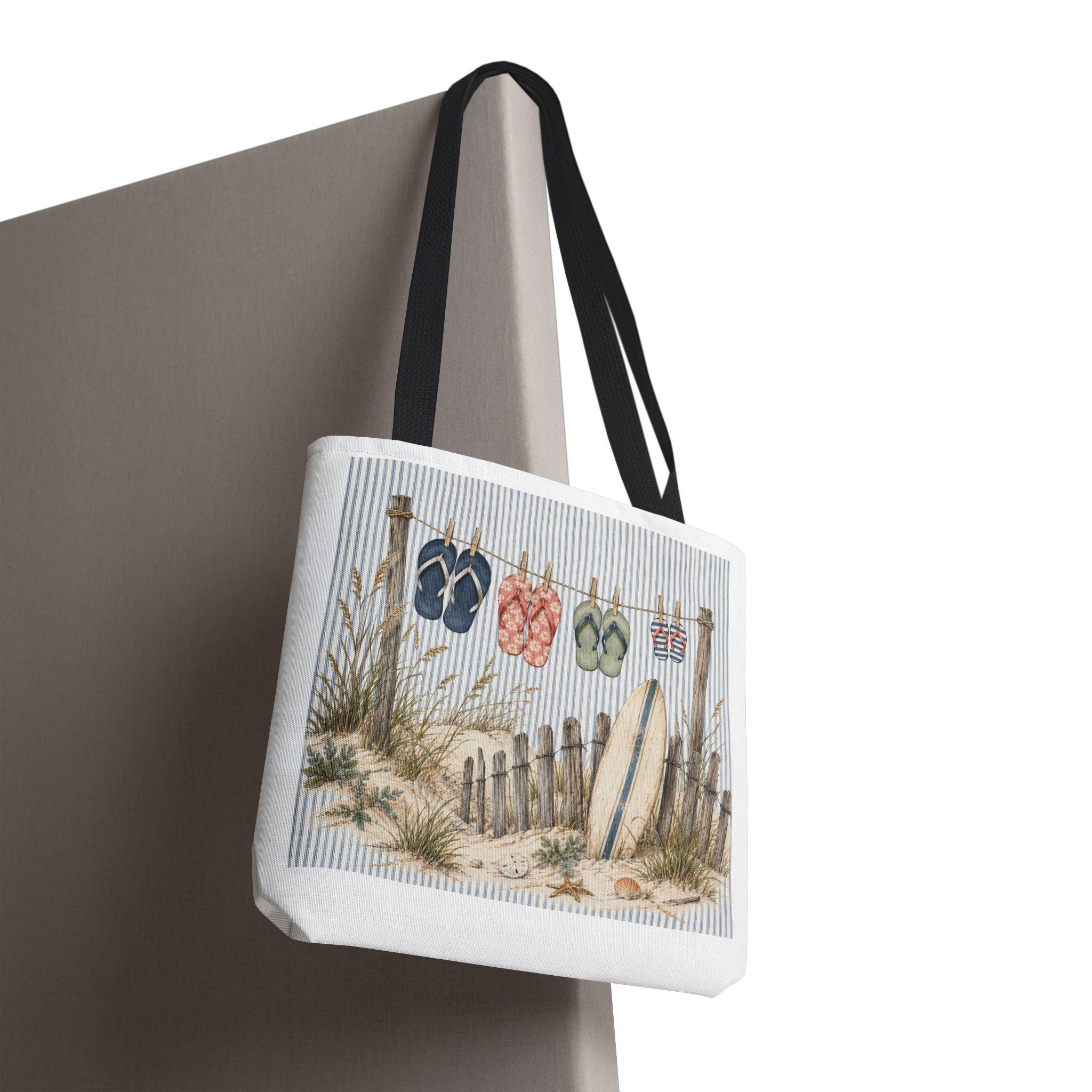 Beach Flip-Flop Tote Bag — Coastal Surfboard & Sand Dune Beach Scene, product view 4