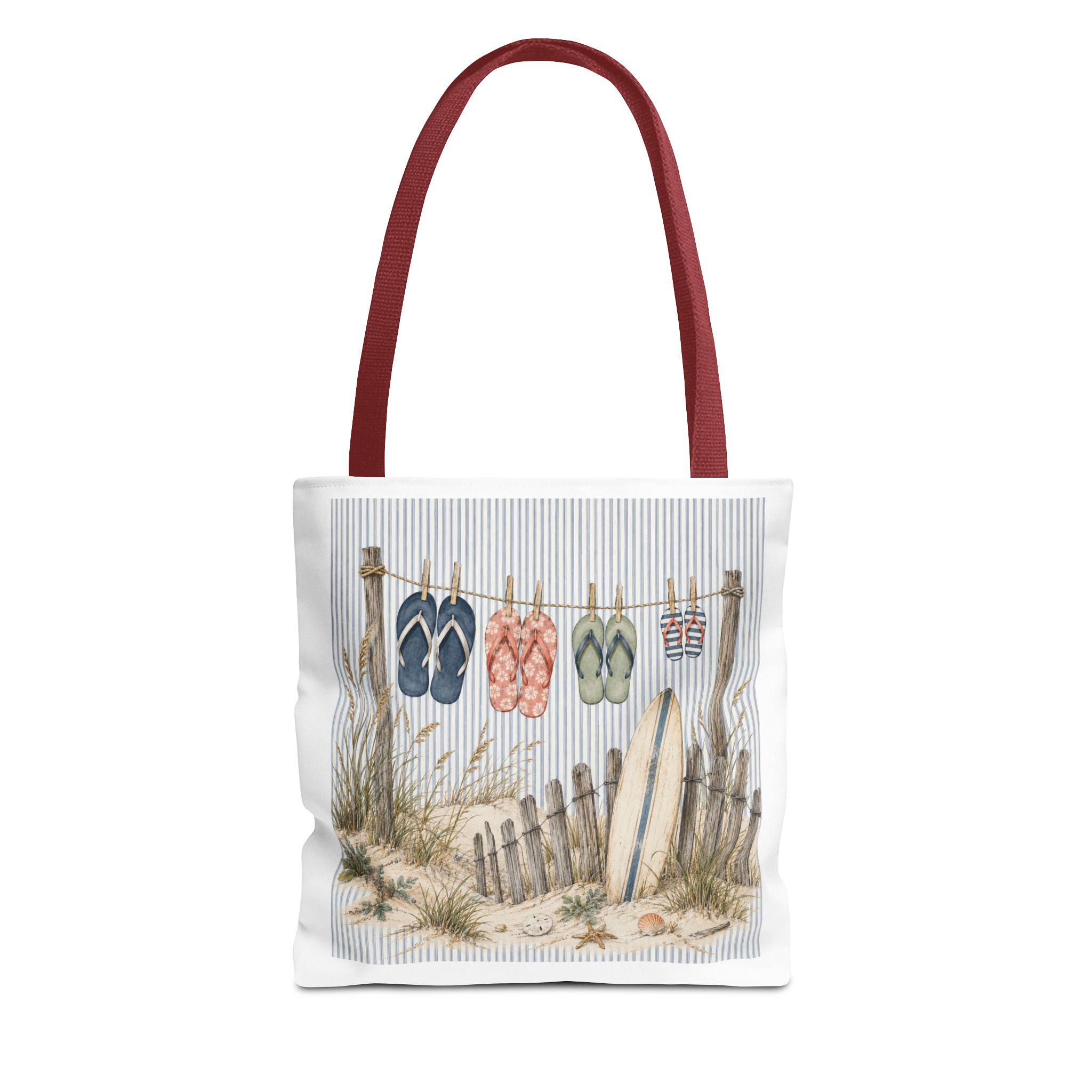 Beach Flip-Flop Tote Bag — Coastal Surfboard & Sand Dune Beach Scene, product view 5