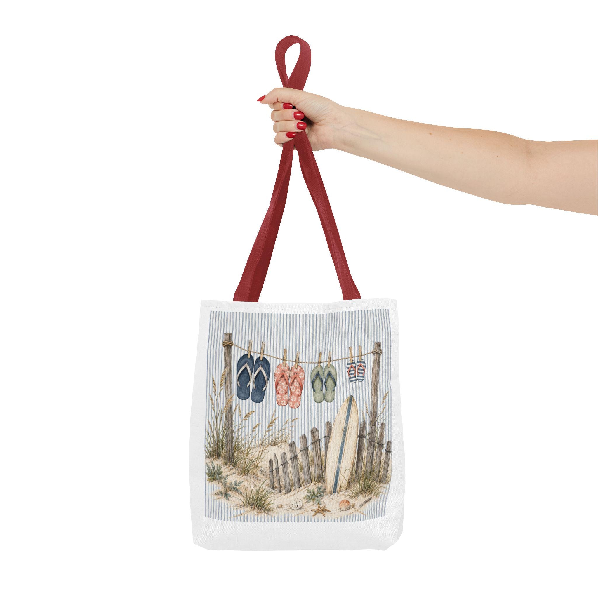 Beach Flip-Flop Tote Bag — Coastal Surfboard & Sand Dune Beach Scene, product view 6