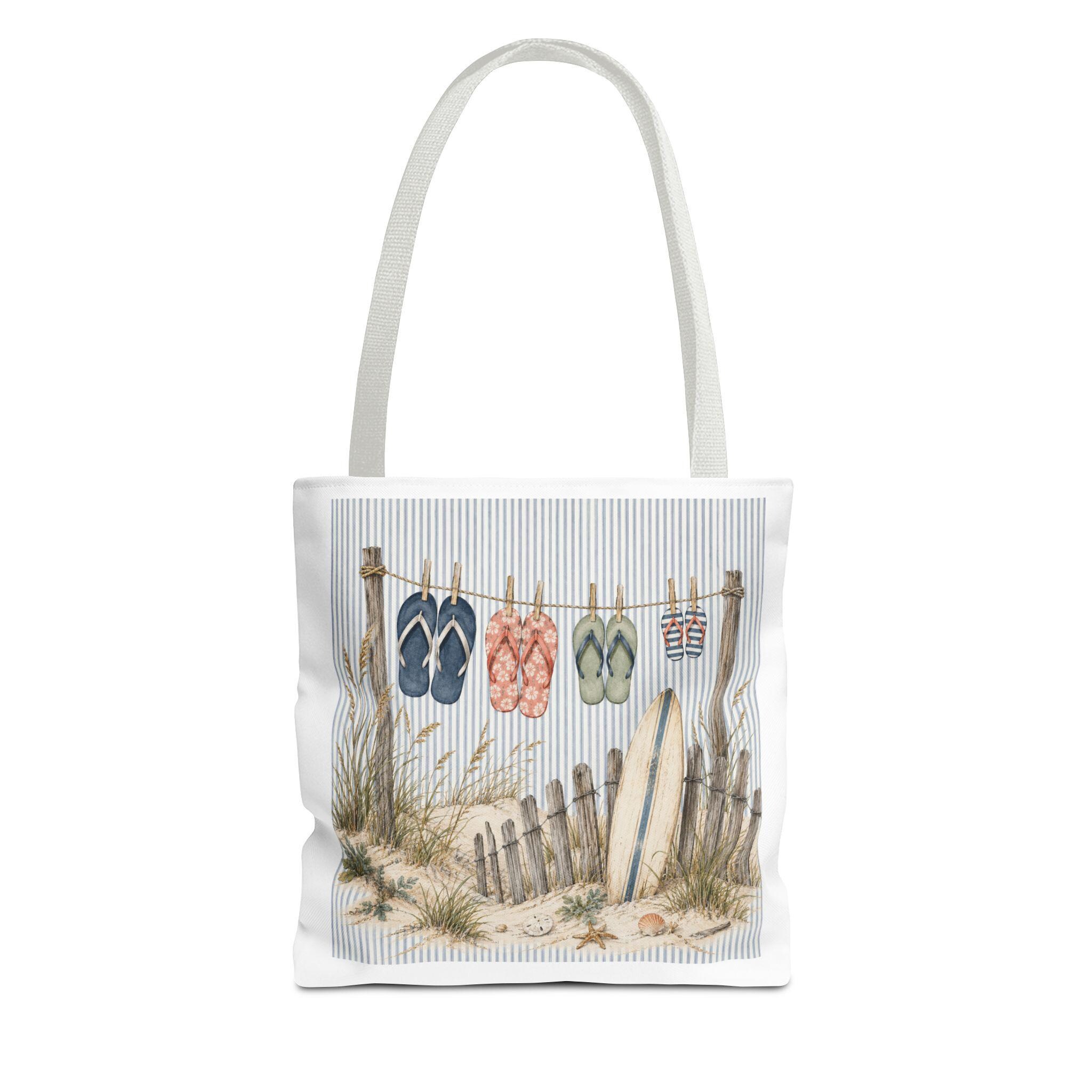 Beach Flip-Flop Tote Bag — Coastal Surfboard & Sand Dune Beach Scene, product view 7