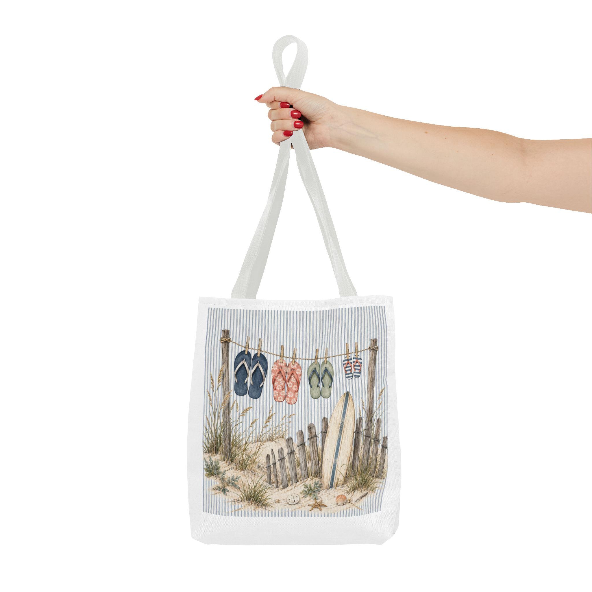 Beach Flip-Flop Tote Bag — Coastal Surfboard & Sand Dune Beach Scene, product view 8