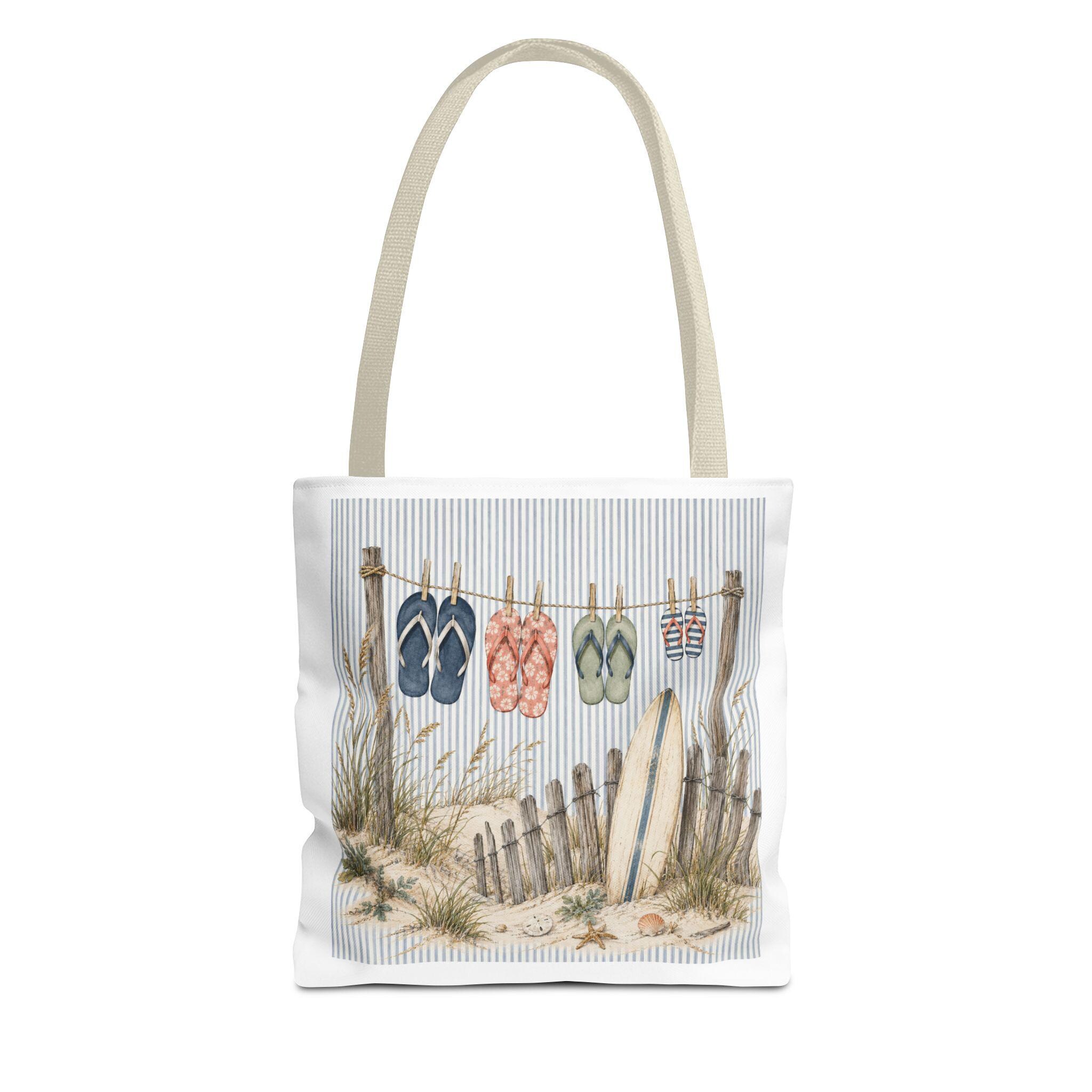 Beach Flip-Flop Tote Bag — Coastal Surfboard & Sand Dune Beach Scene, product view 9
