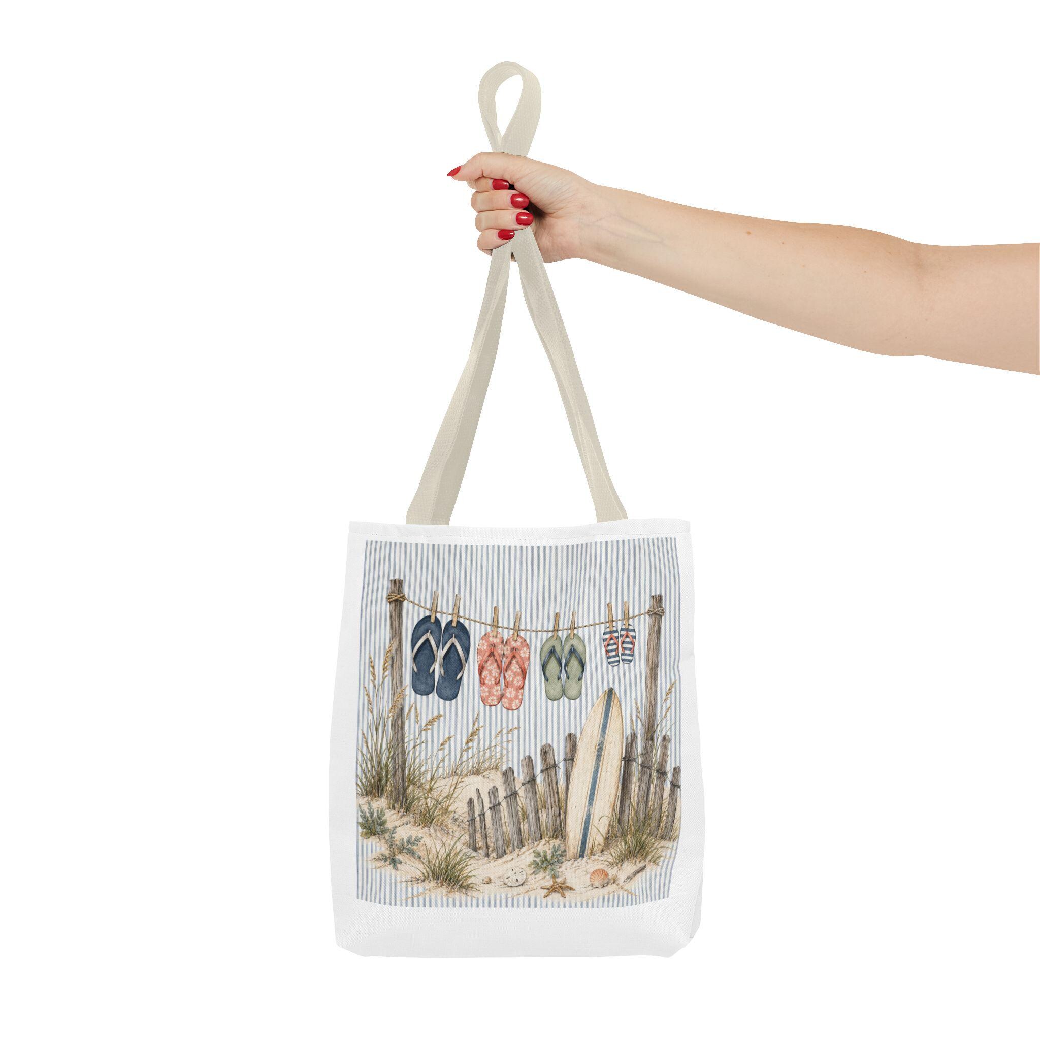Beach Flip-Flop Tote Bag — Coastal Surfboard & Sand Dune Beach Scene, product view 10