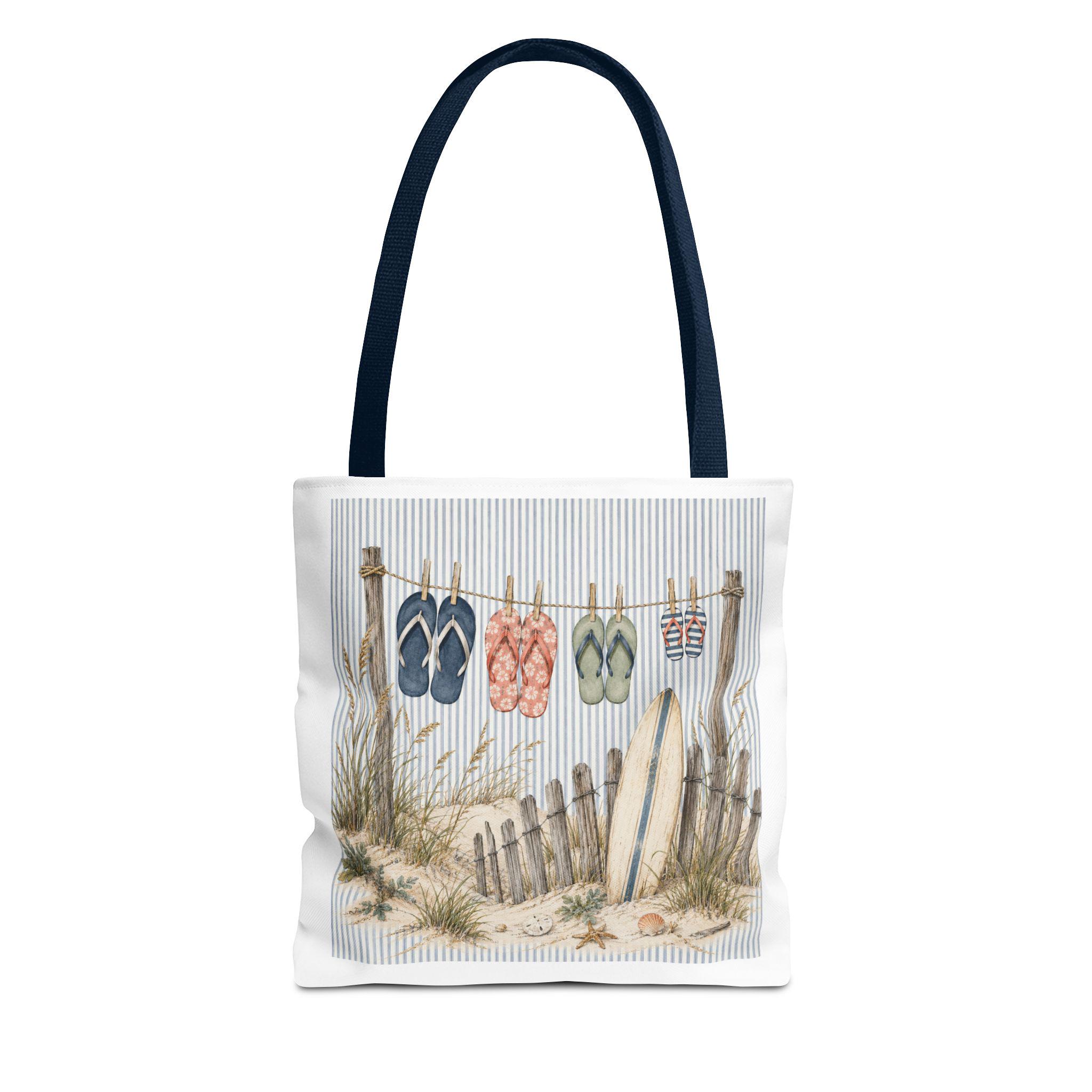 Beach Flip-Flop Tote Bag — Coastal Surfboard & Sand Dune Beach Scene, product view 11