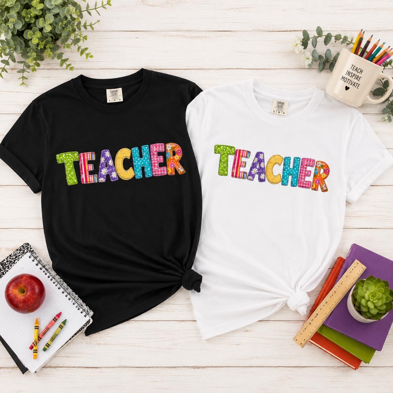 Teacher T-Shirt – Colorful School Icons, Garment-Dyed Cotton Tee