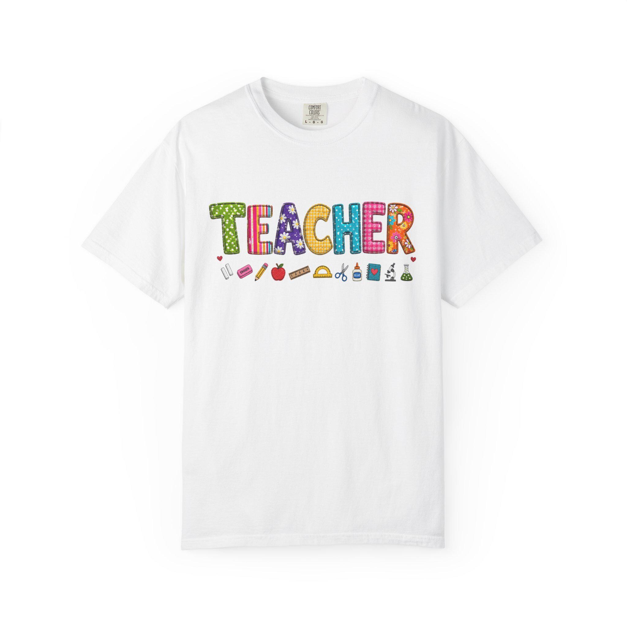 Teacher T-Shirt – Colorful School Icons, Garment-Dyed Cotton Tee, product view 2