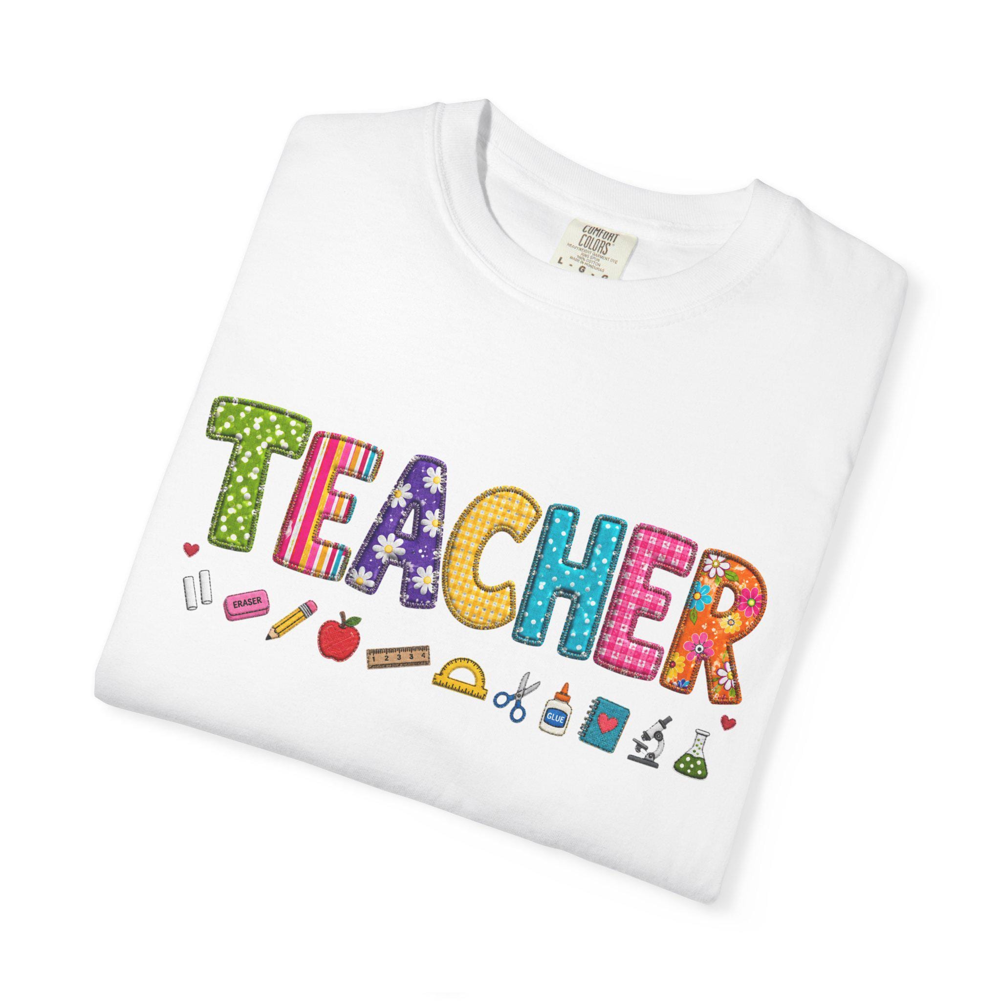 Teacher T-Shirt – Colorful School Icons, Garment-Dyed Cotton Tee, product view 4