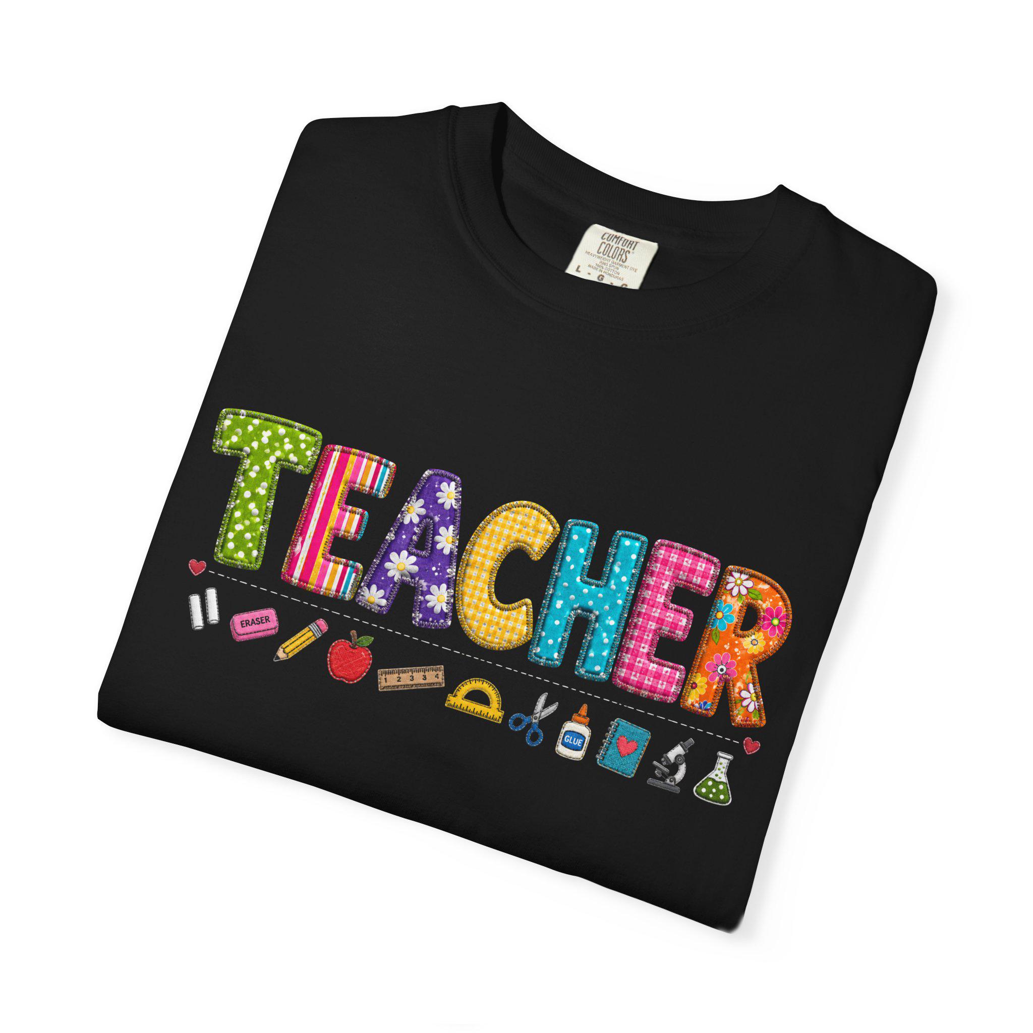 Teacher T-Shirt – Colorful School Icons, Garment-Dyed Cotton Tee, product view 5