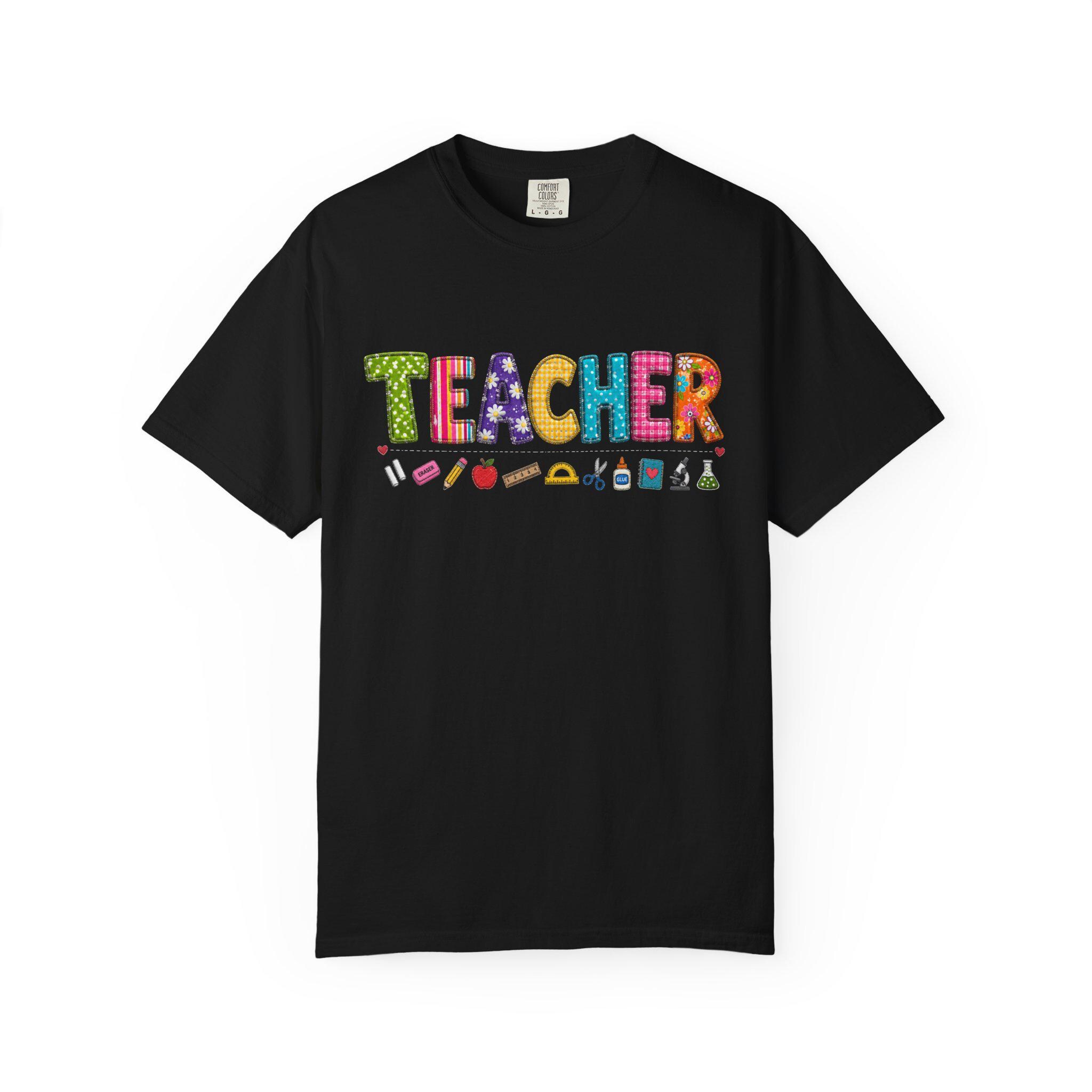 Teacher T-Shirt – Colorful School Icons, Garment-Dyed Cotton Tee, product view 6