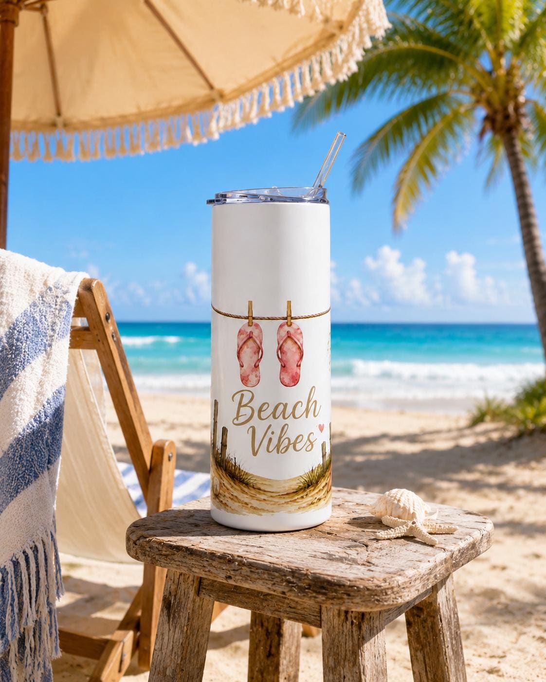 Beach Vibes flip flops Tumbler 20oz stainless steel travel cup, product view 8