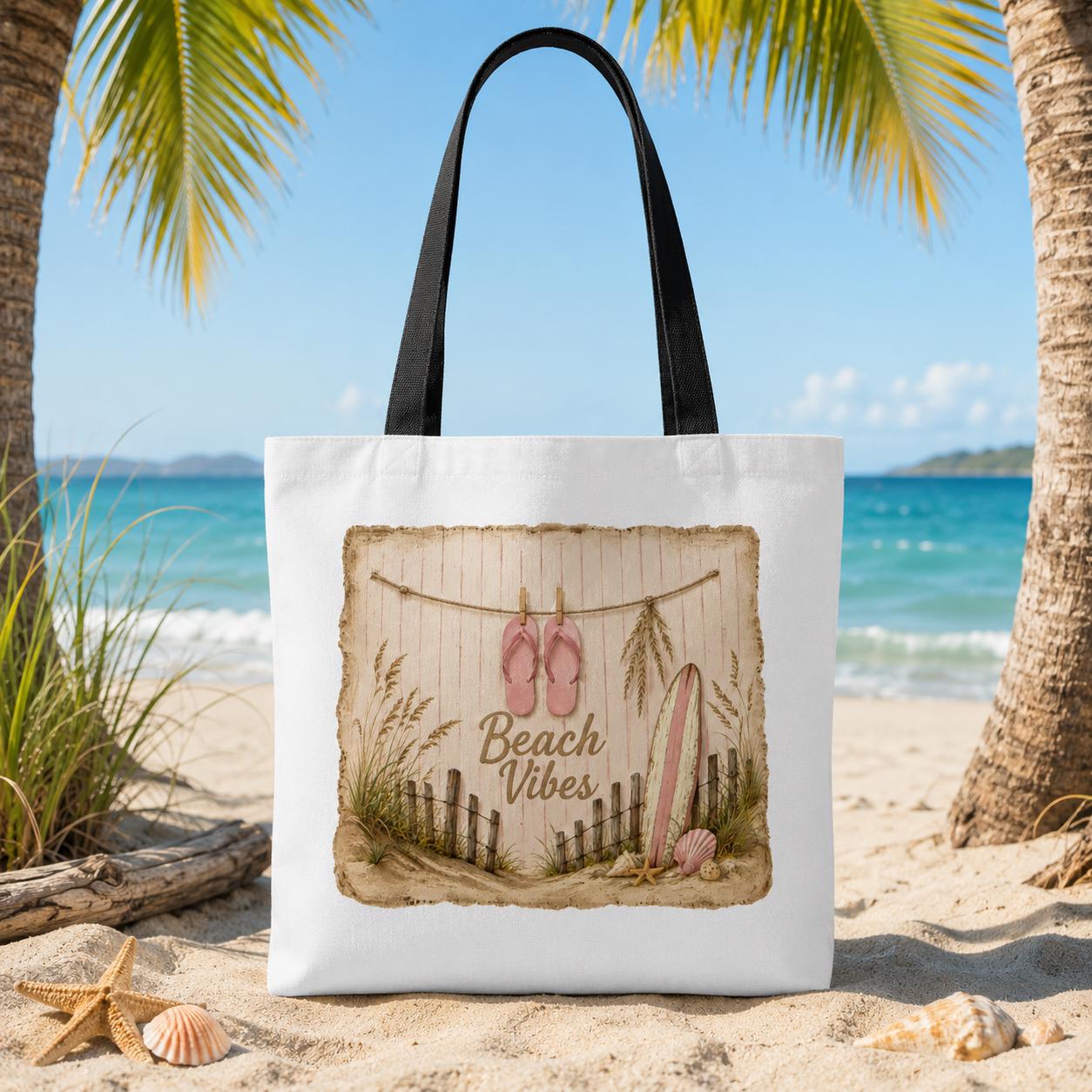 Beach Vibes Tote Bag – Vintage Surf Flip-Flop Watercolor Coastal Canvas Bag