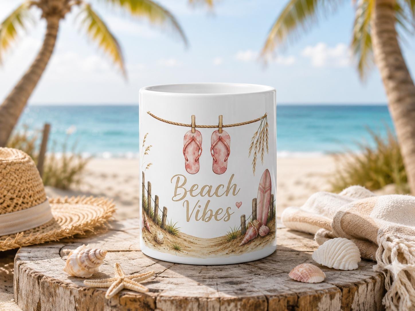 Beach Vibes Jumbo Mug 20oz Coastal Coffee Cup with Flip Flop Surfboard Design