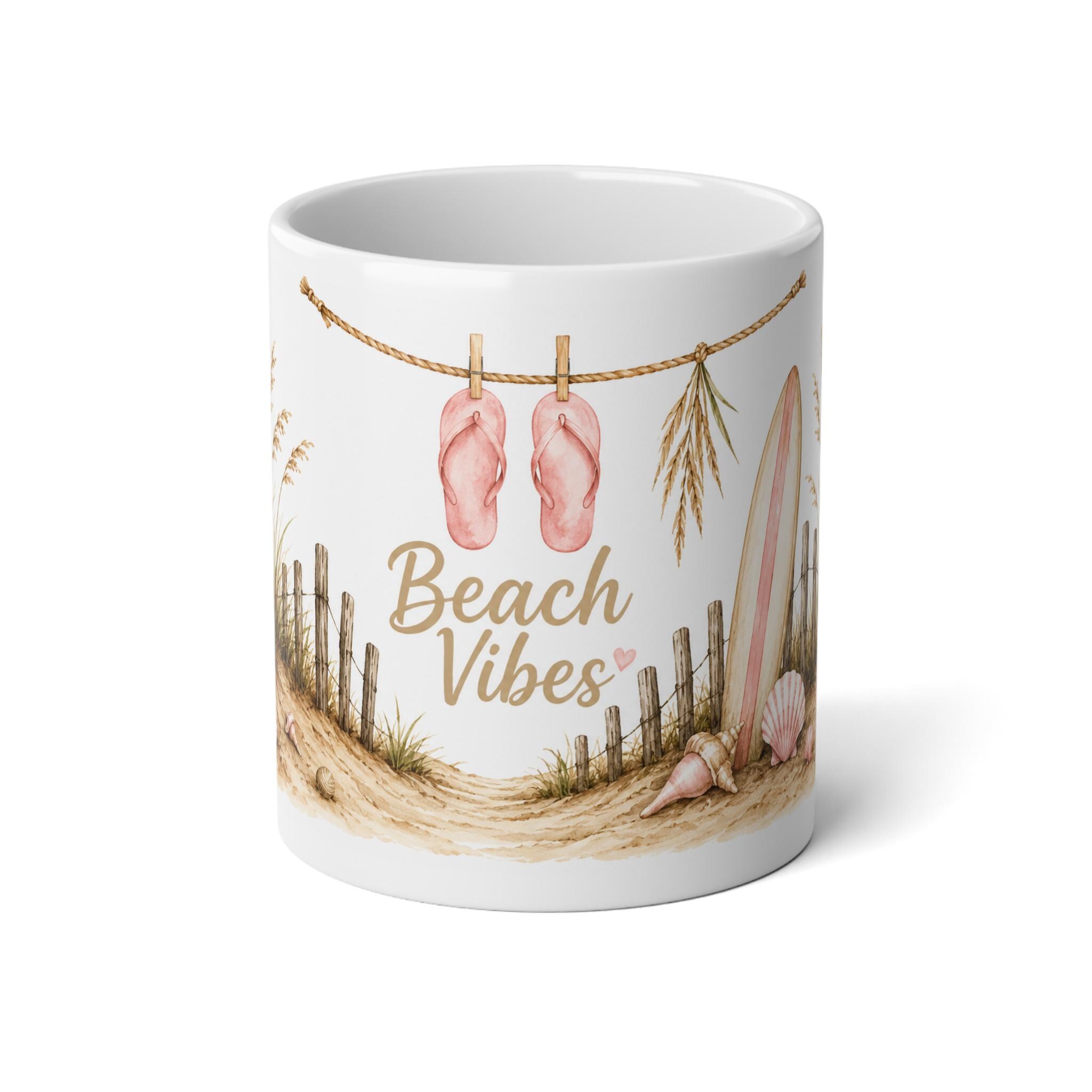 Beach Vibes Jumbo Mug 20oz Coastal Coffee Cup with Flip Flop Surfboard Design, product view 2