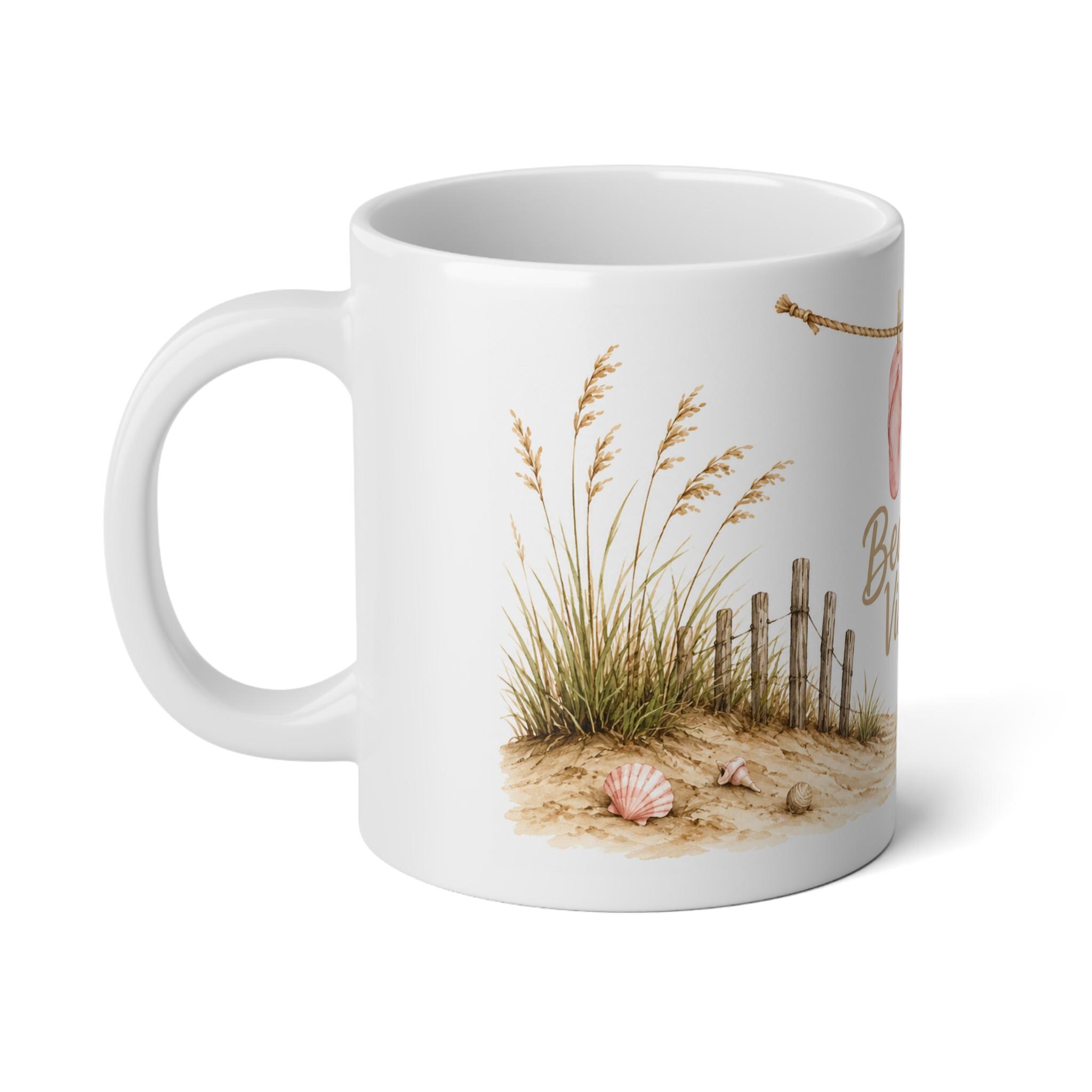 Beach Vibes Jumbo Mug 20oz Coastal Coffee Cup with Flip Flop Surfboard Design, product view 3