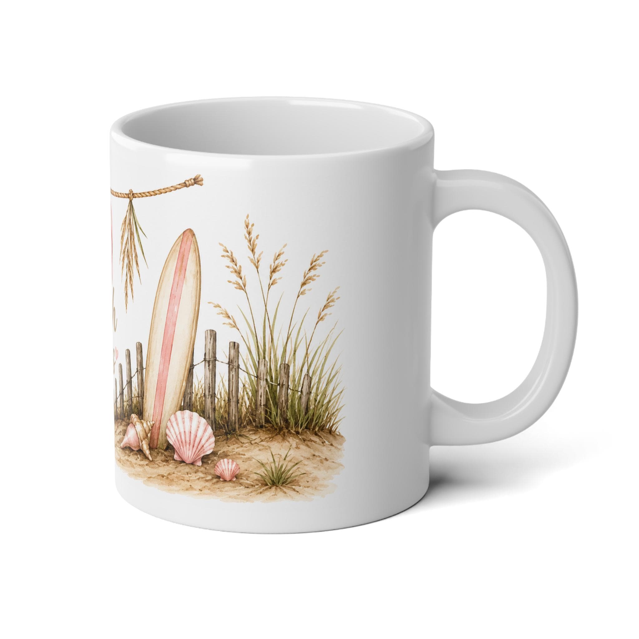 Beach Vibes Jumbo Mug 20oz Coastal Coffee Cup with Flip Flop Surfboard Design, product view 4