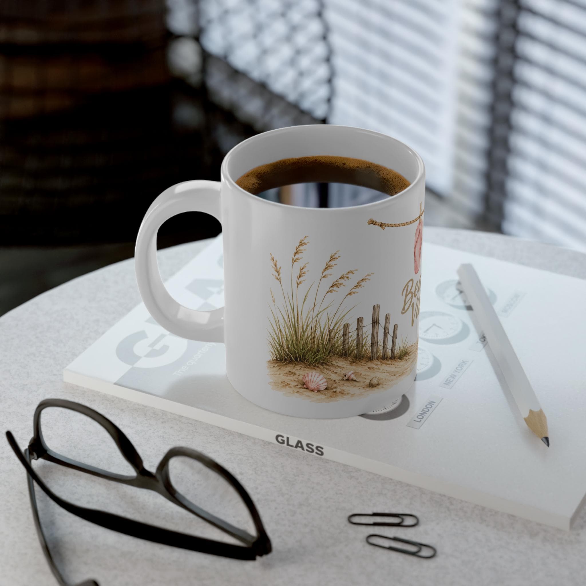 Beach Vibes Jumbo Mug 20oz Coastal Coffee Cup with Flip Flop Surfboard Design, product view 5